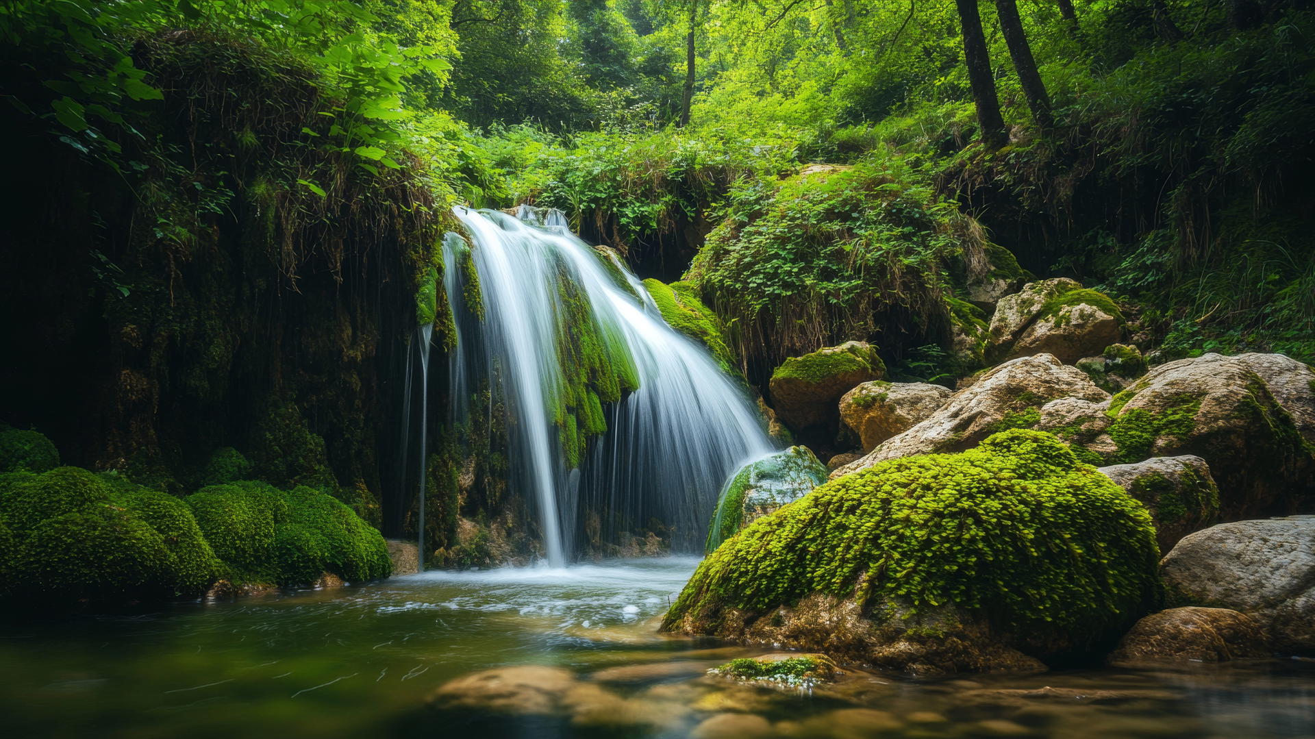 Beautiful nature wallpaper 4K of a serene waterfall in a lush forest
