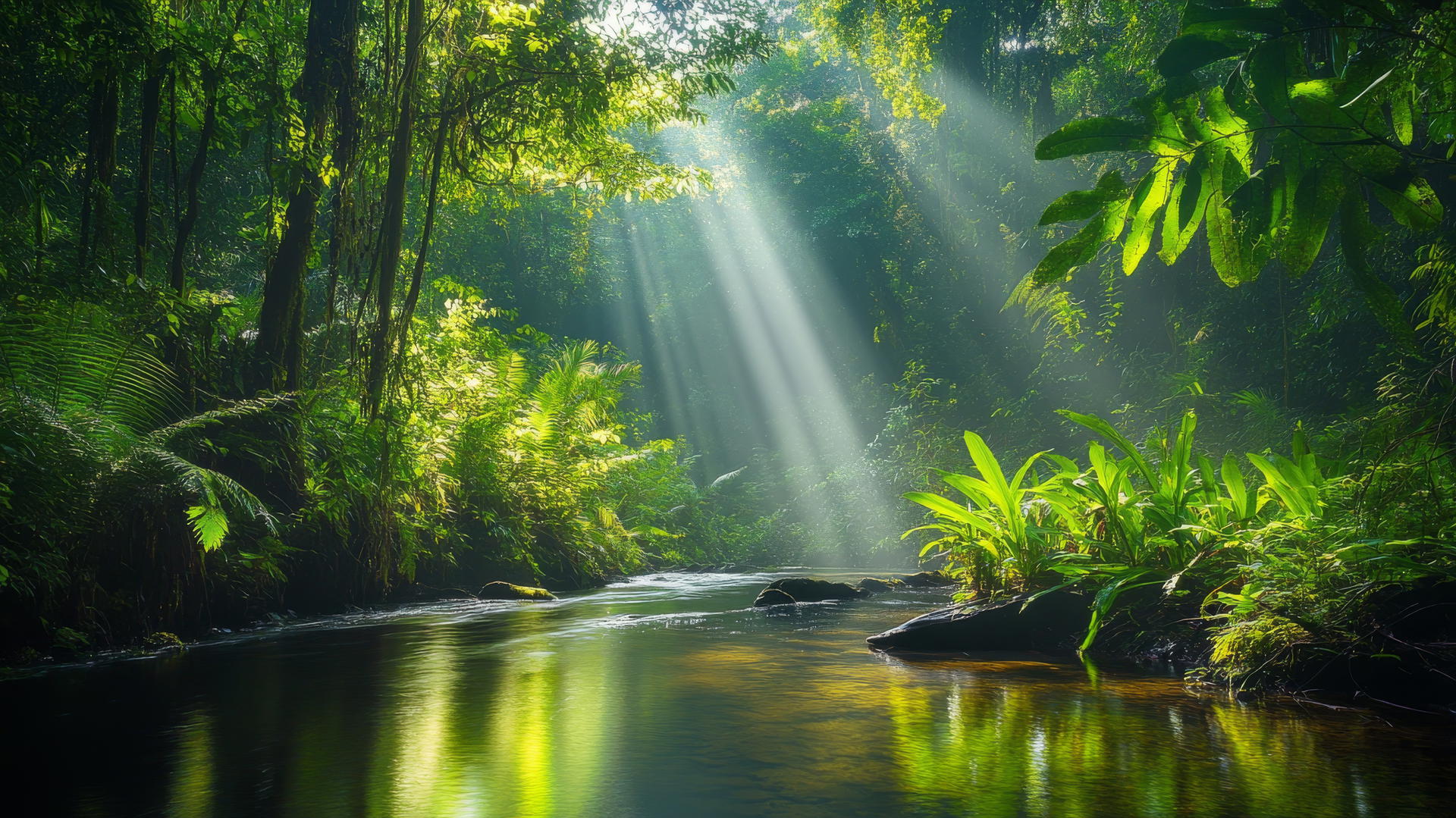 nature wallpaper featuring a tranquil river in a dense, green rainforest with sunlight rays