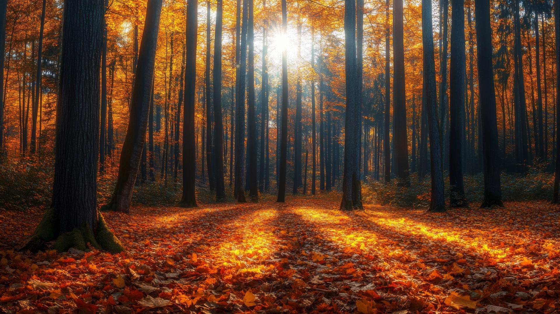 nature wallpaper featuring an autumn forest with golden leaves and sunlight filtering through trees