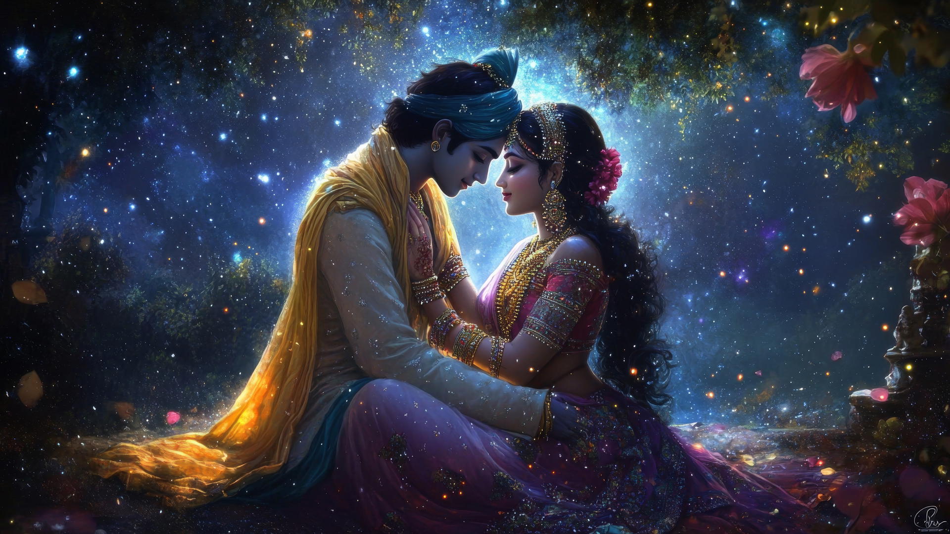 Radha and Krishna sitting under stars in deep affection, intricate traditional clothing, love romantic radha krishna wallpaper hd