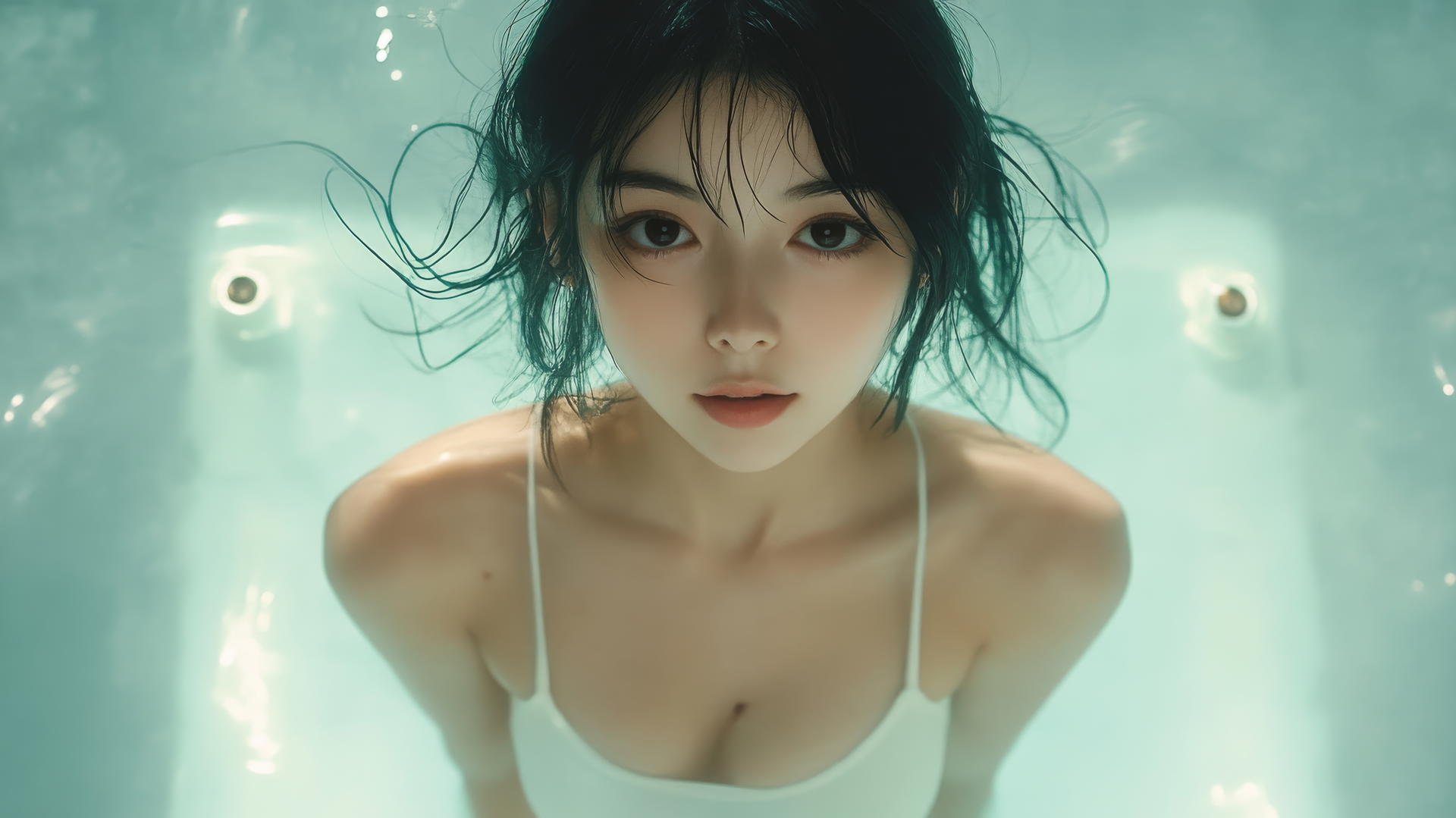 Beautiful Asian girl with smooth pink skin kneeling, seen from below, smiling