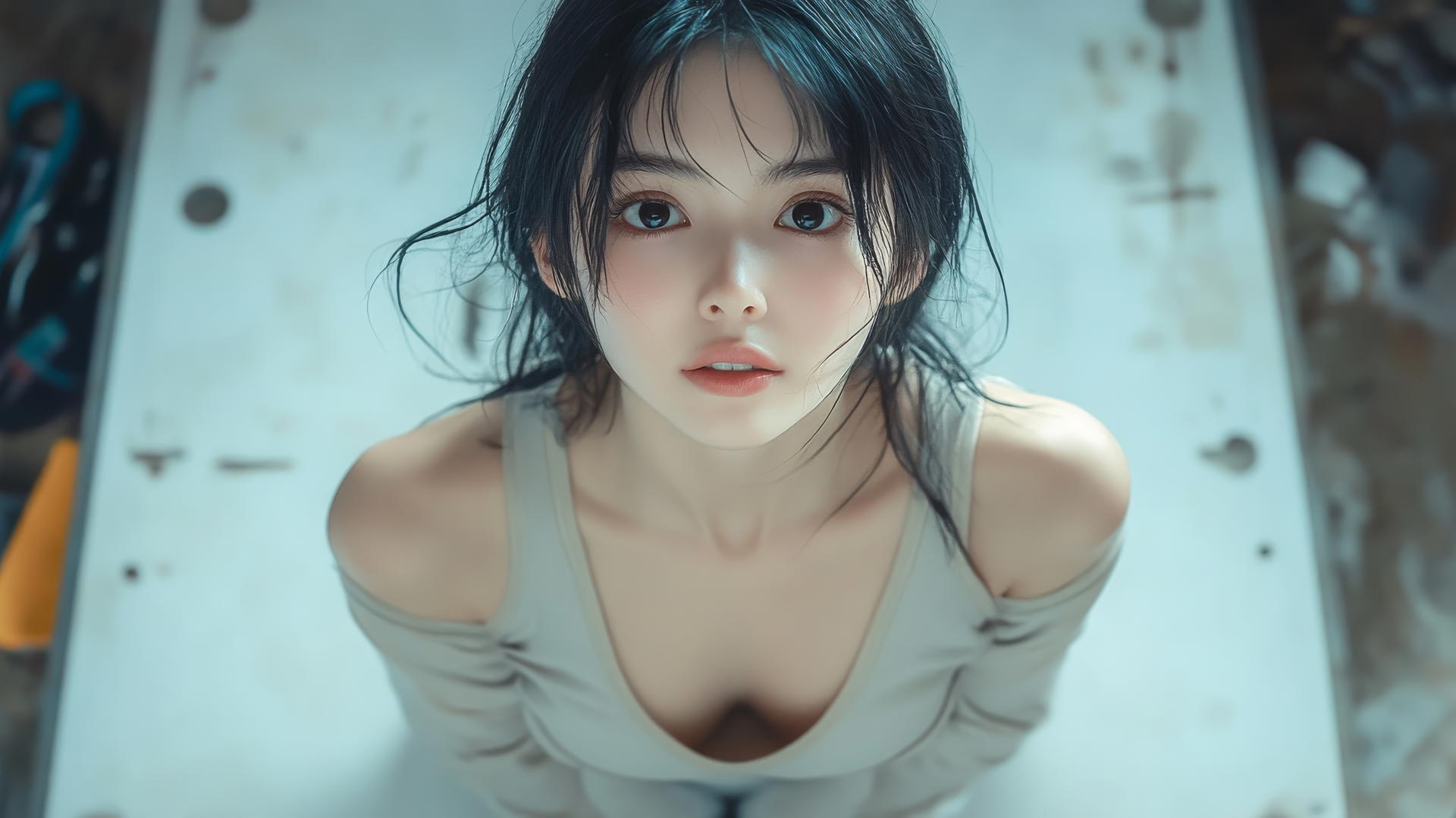Isolated shot of serene Asian girl kneeling, looking down, smiling with light on legs and black socks.