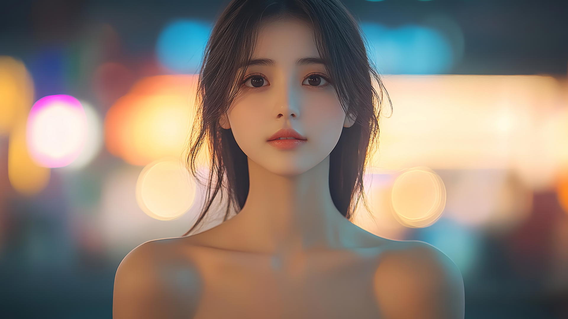 beautiful Asian girl with smooth pink skin, kneeling and smiling, seen from below