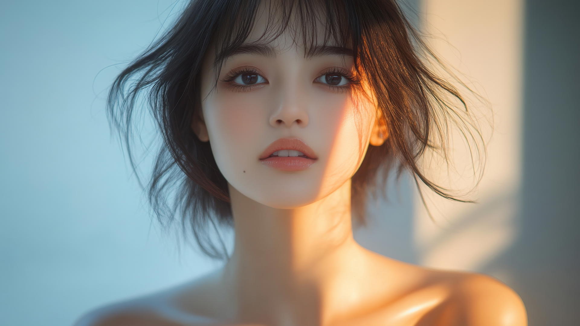 Isolated shot of beautiful, quiet Asian girl kneeling and looking down, smiling.