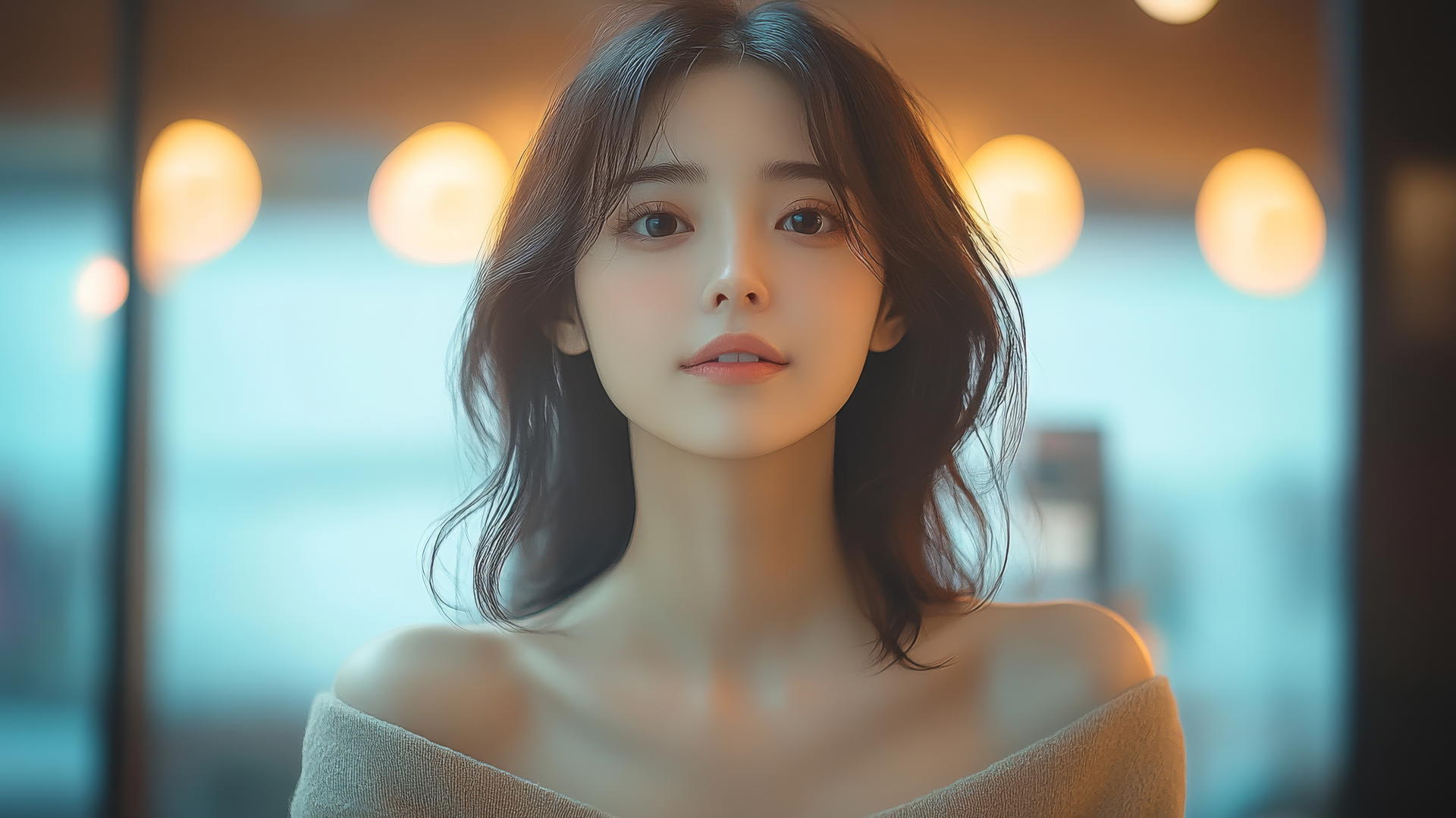 Kneeling Asian girl looking down, soft smile, pink skin