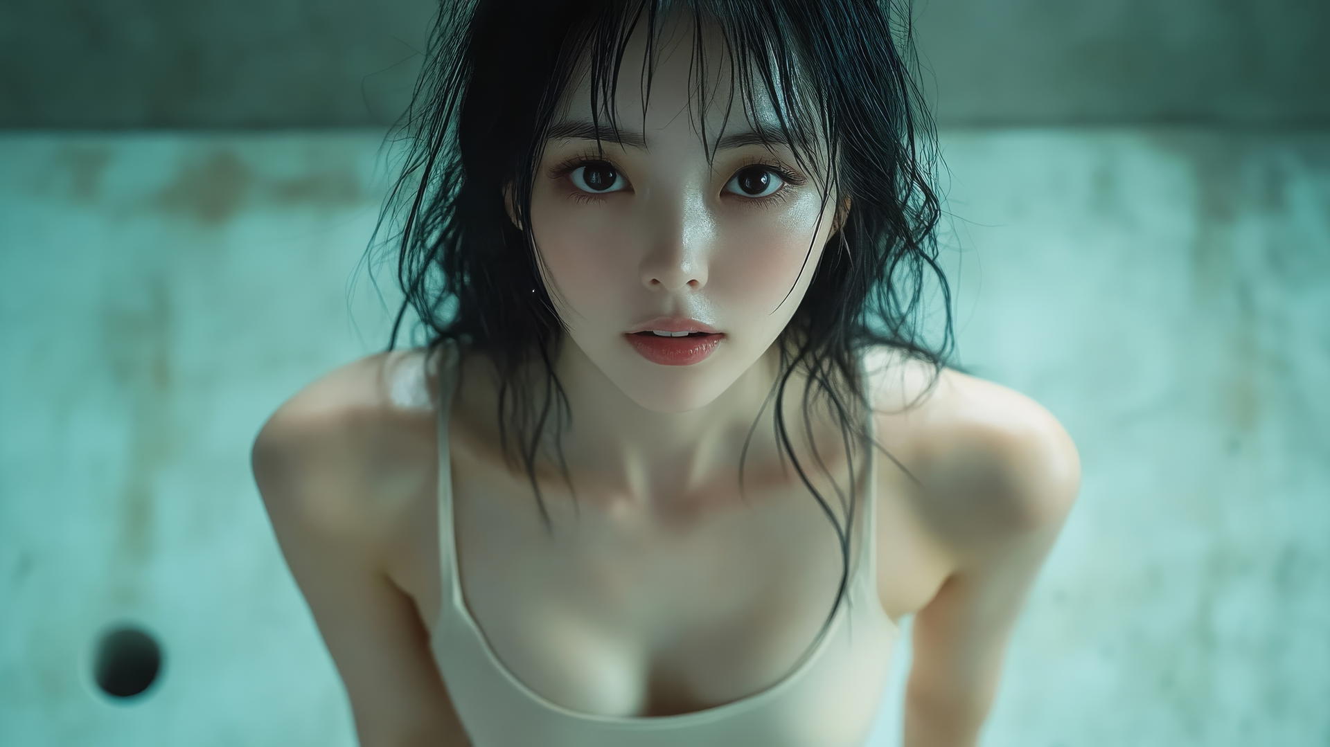 Asian girl kneeling, looking down, and smiling, seen from below.
