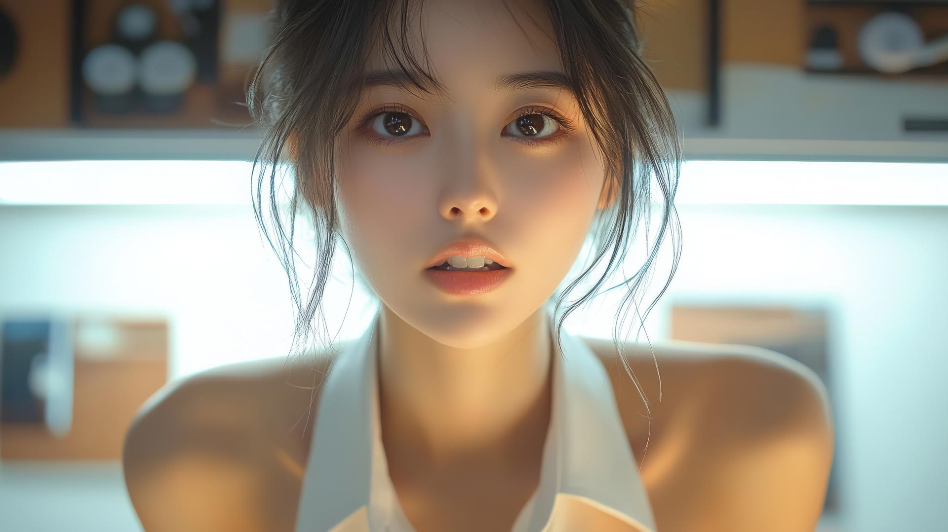 Asian girl in white shirt, kneeling and smiling, seen from below.