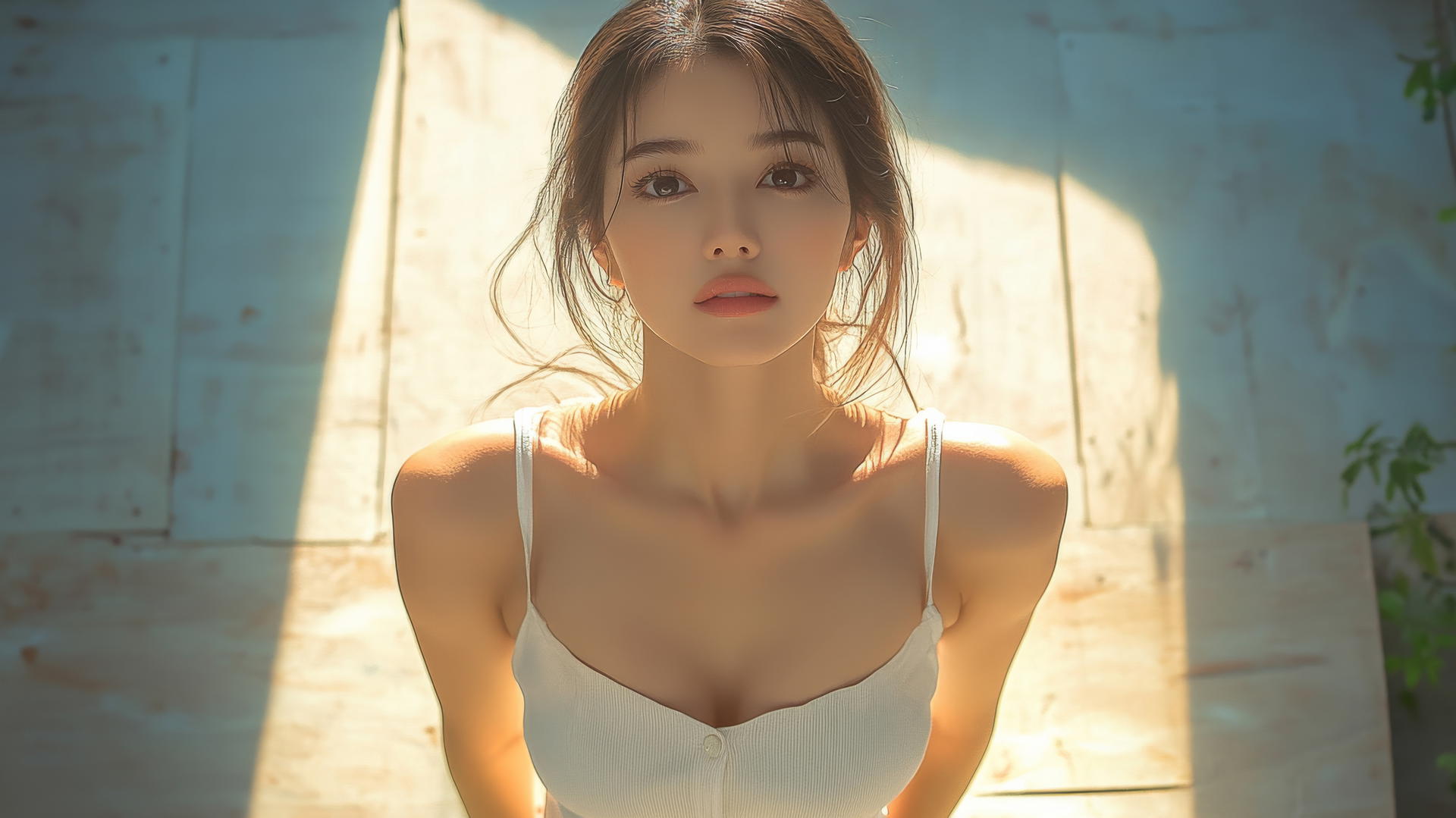 Beautiful Asian girl in white office shirt, kneeling and looking down, smiling.