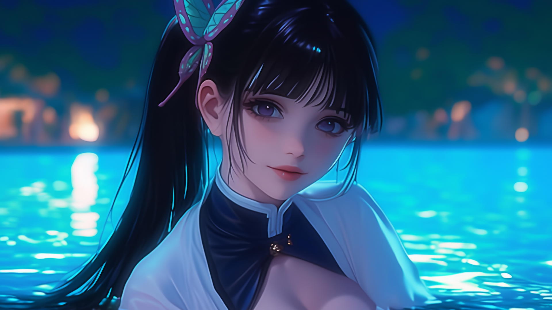 Kanao Tsuyuri resting by a swimming pool under the moonlight, black hair with butterfly ornament, dark lilac eyes.