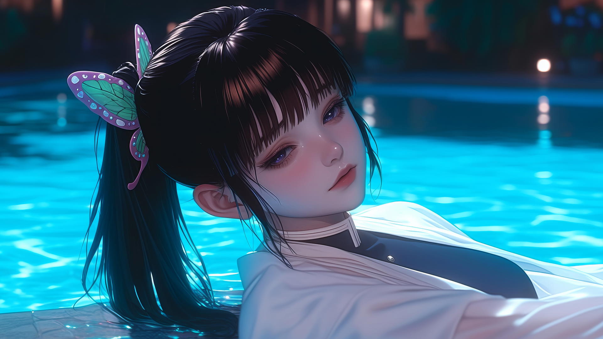 Kanao Tsuyuri resting by the swimming pool under moonlight with butterfly ornament