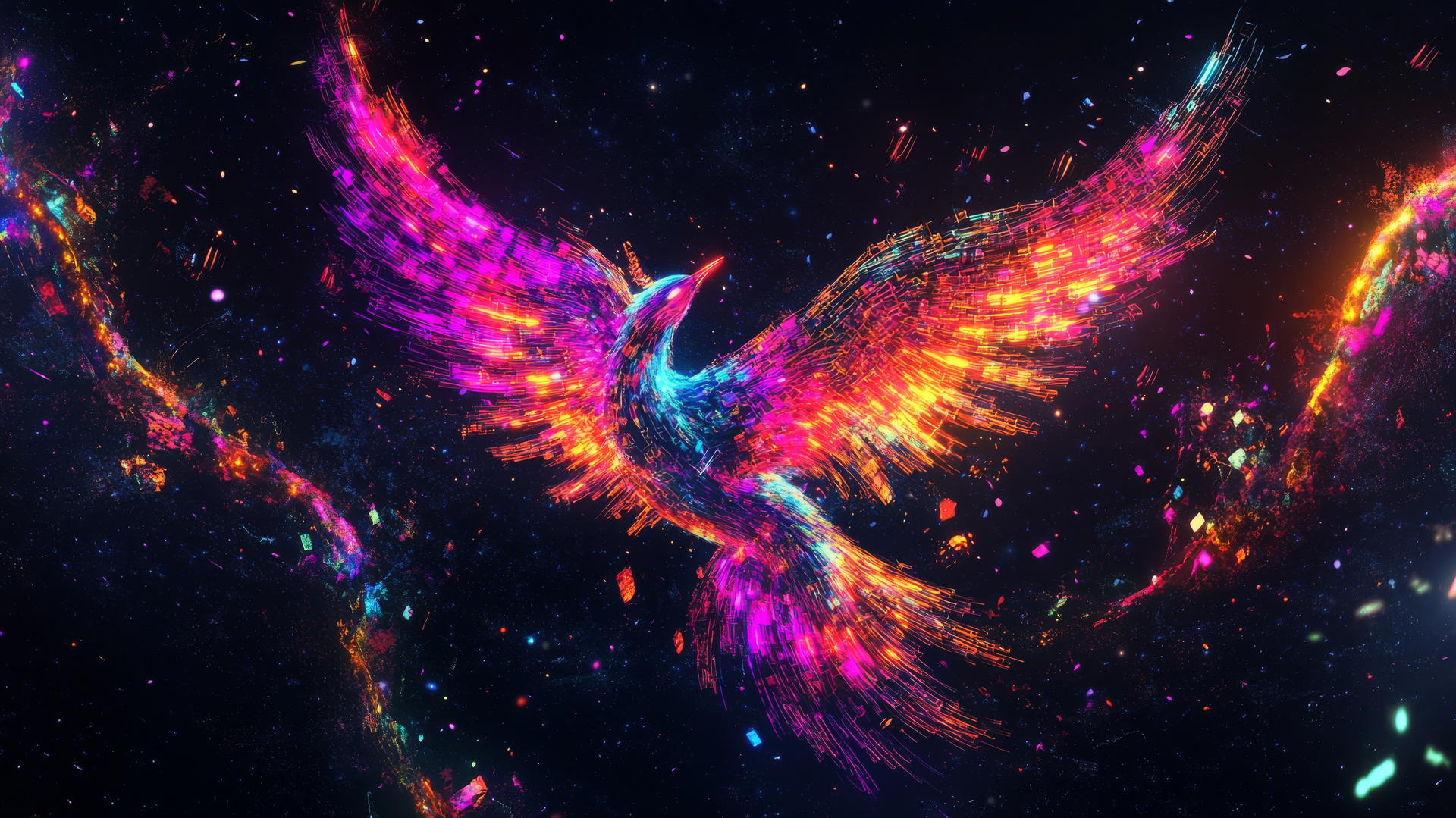 Cyber Y2K wallpaper with digital phoenix in neon flames against black backdrop