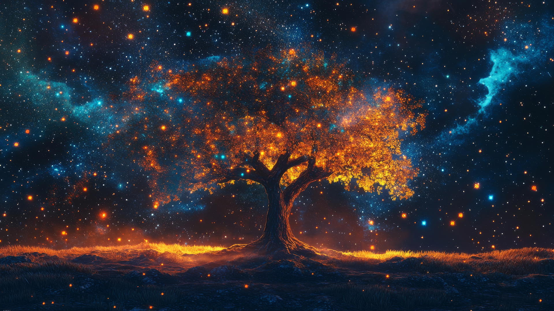Y2K star wallpaper with a surreal cosmic tree and neon branches