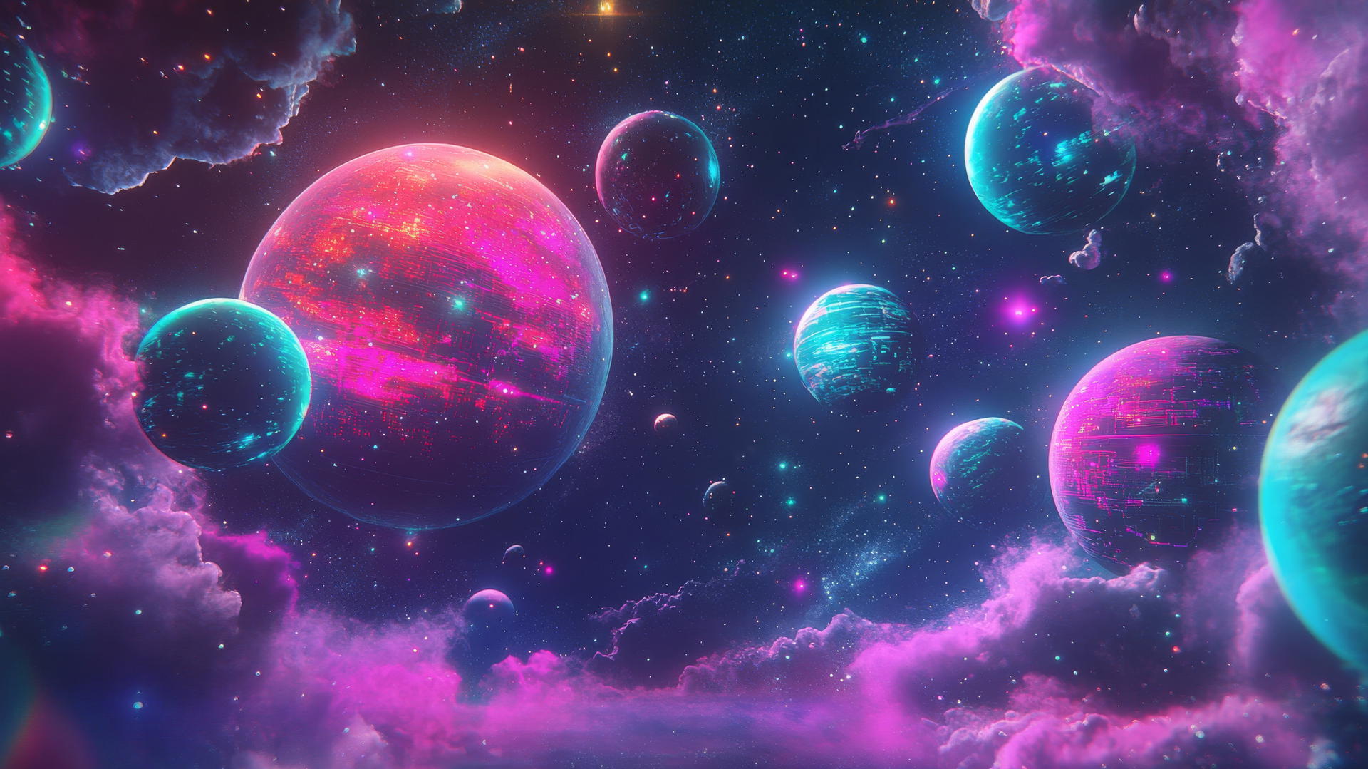 futuristic Y2K star wallpaper with neon star clusters, pixelated planets, and holographic comets