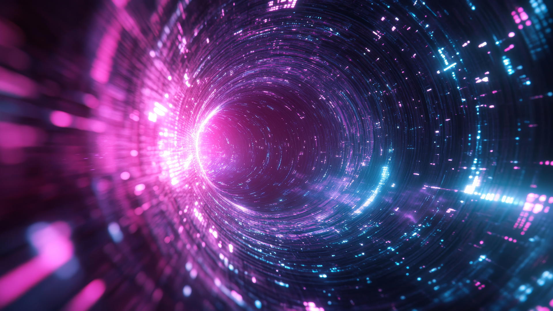 cyber y2k wallpaper featuring a glowing neon portal, pixelated symbols, and glitch effects