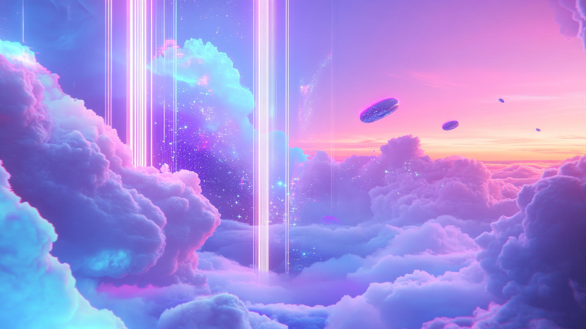 Y2K aesthetic wallpaper with holographic shapes, neon streams, and pixelated clouds