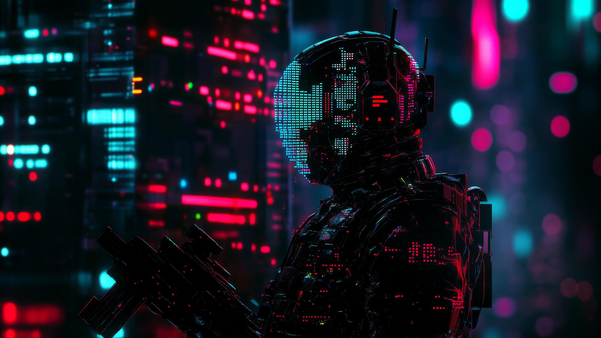cyber y2k wallpaper black with digital warrior silhouette and neon armor