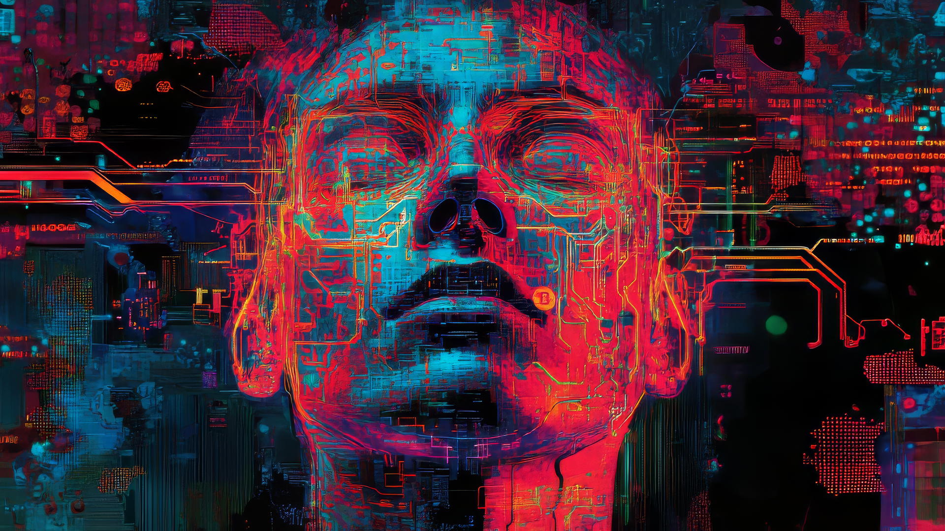 cyber Y2K wallpaper with a glitchy face, neon circuits, and binary code