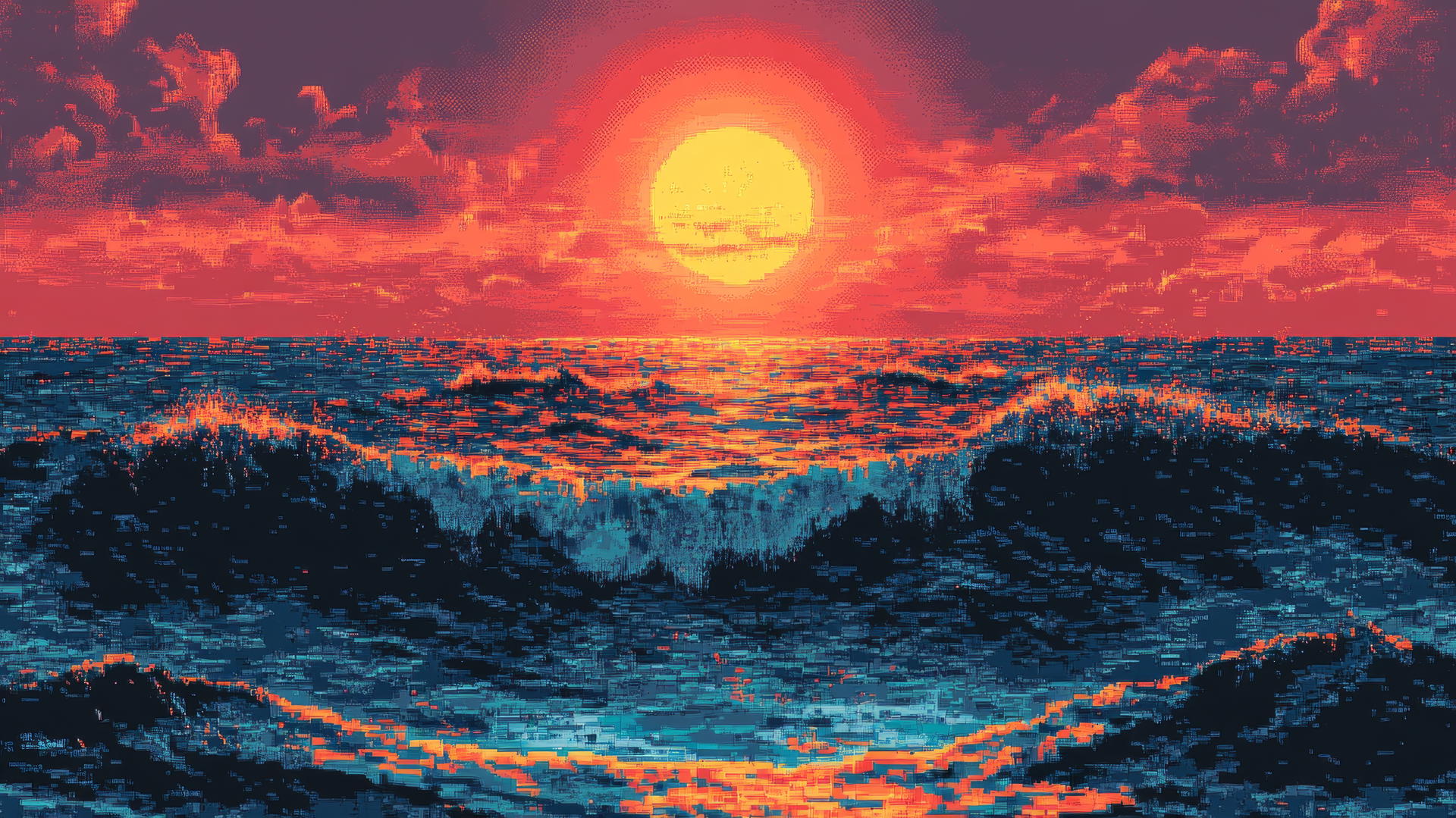 Y2K wallpaper with abstract pixelated ocean, glitchy waves, holographic fish, and bright pixelated sunset