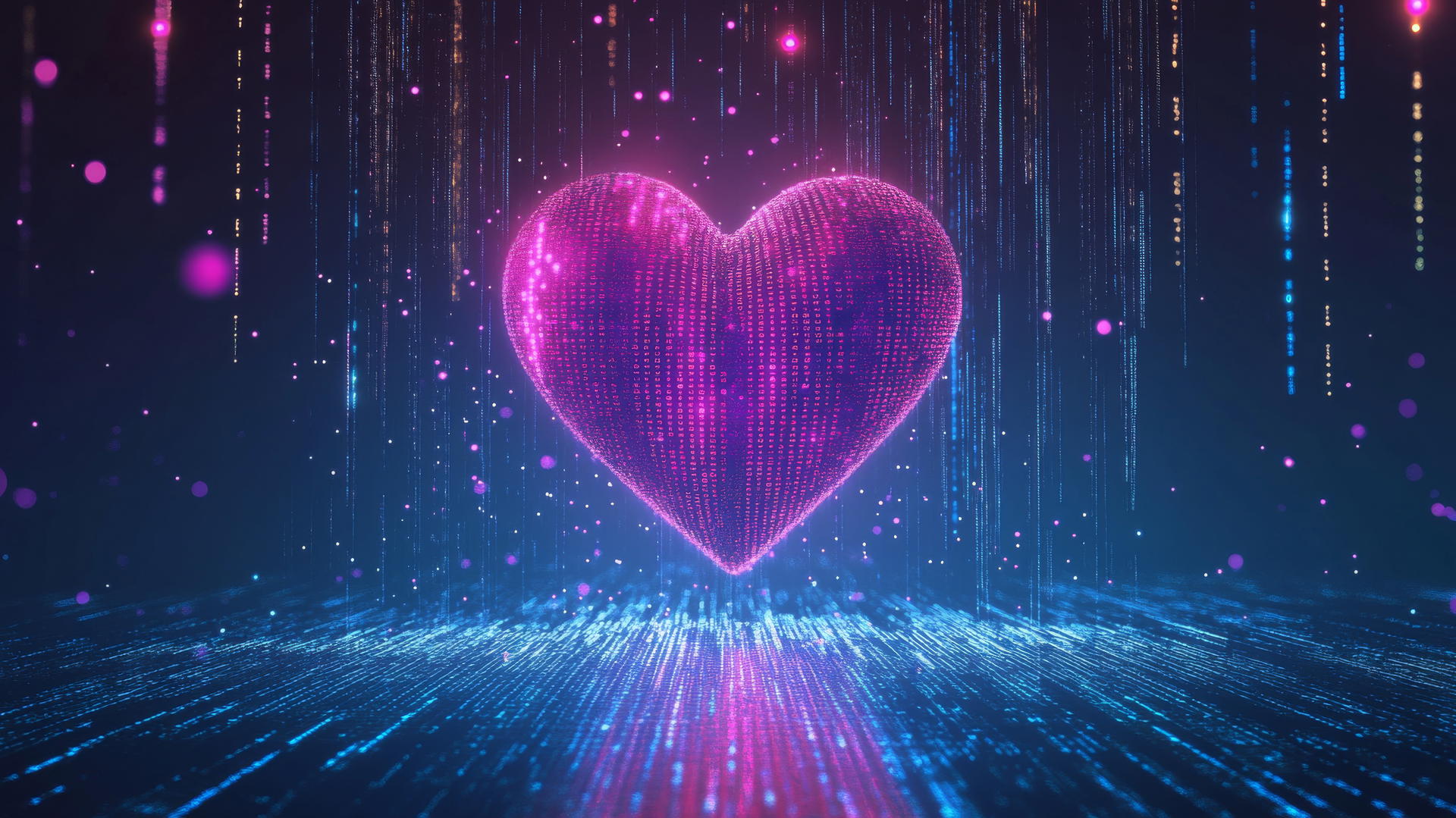 wallpaper y2k with a glowing digital heart, binary code and neon sparkles