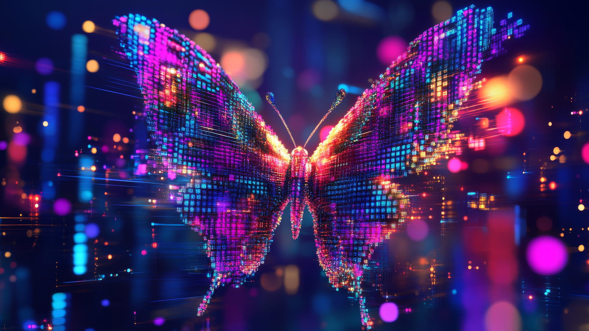 wallpaper y2k with pixelated digital butterfly, glitchy neon pixels on blue and purple background