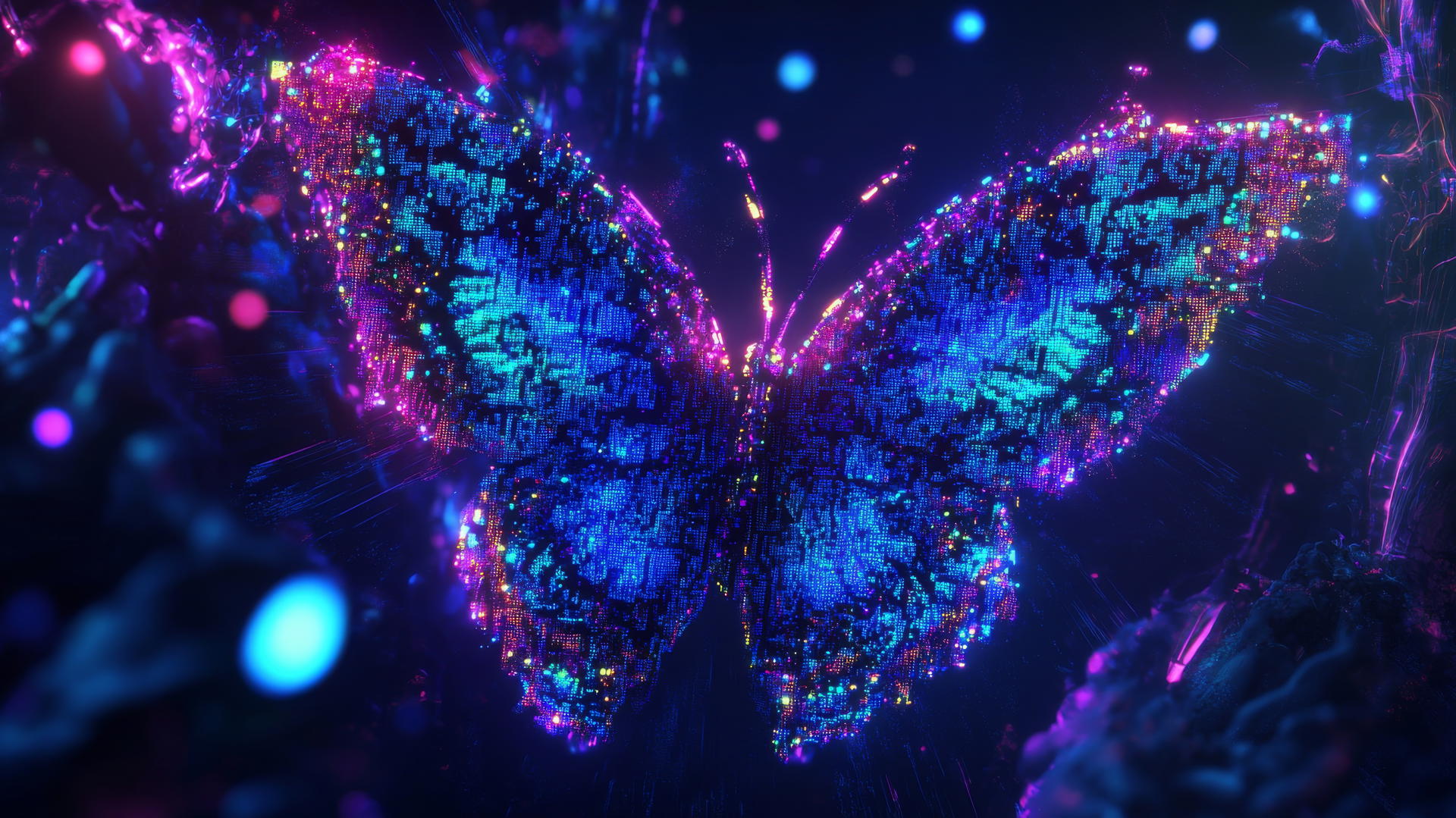 wallpaper y2k with digital butterfly, glitchy pixels, neon lights on blue-purple backdrop