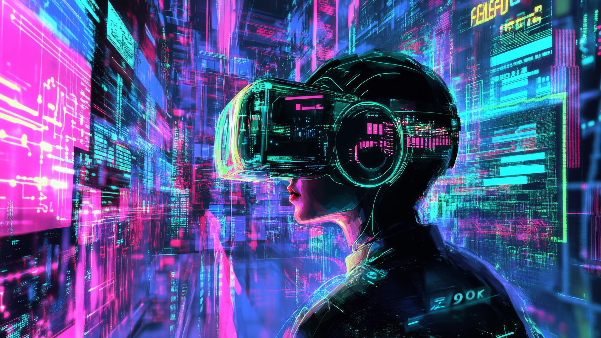 Wallpaper Y2K with a futuristic VR headset, holographic screens, and neon circuitry