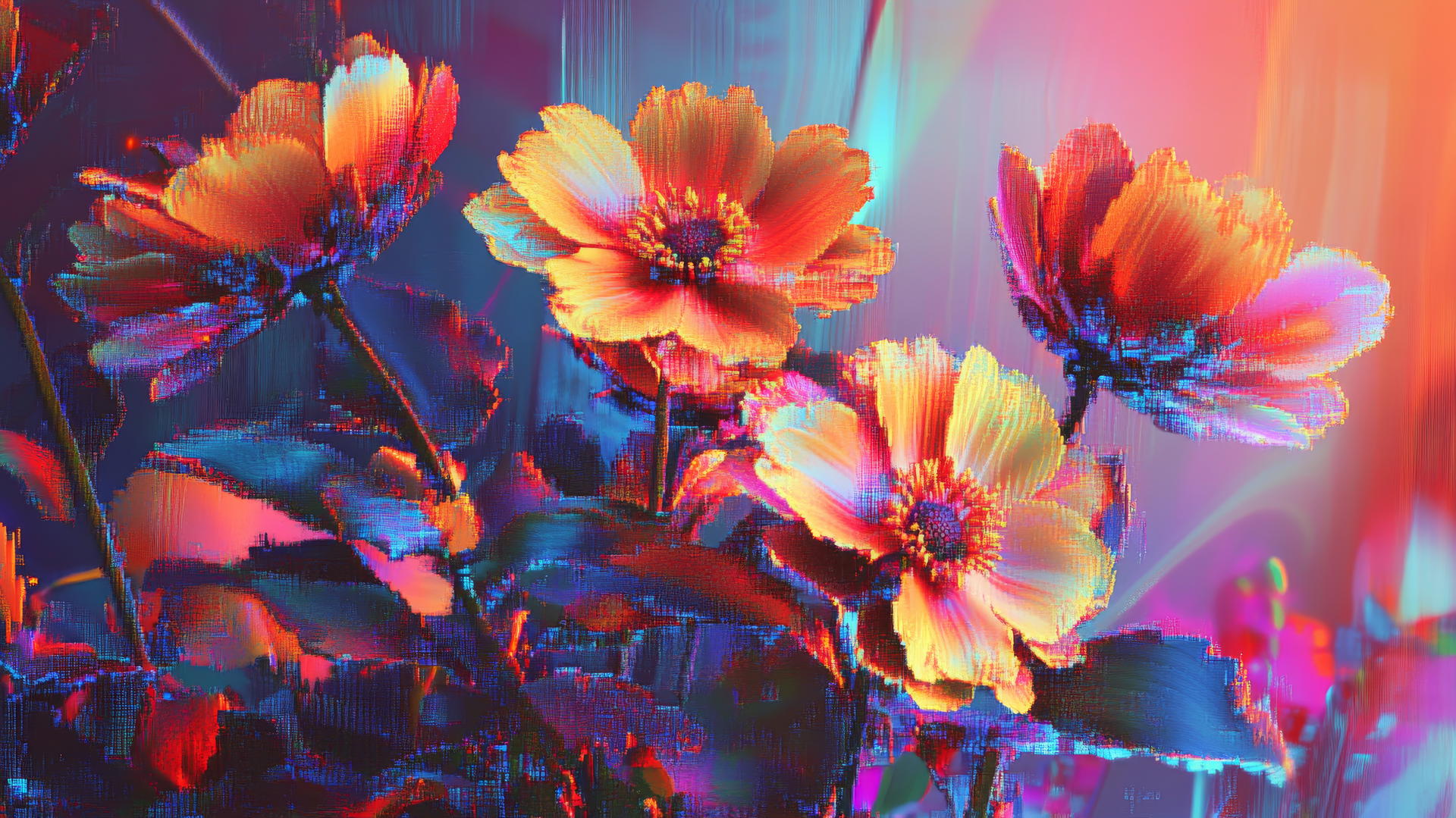 Wallpaper Y2K with colorful, pixelated digital flowers and glitchy effects