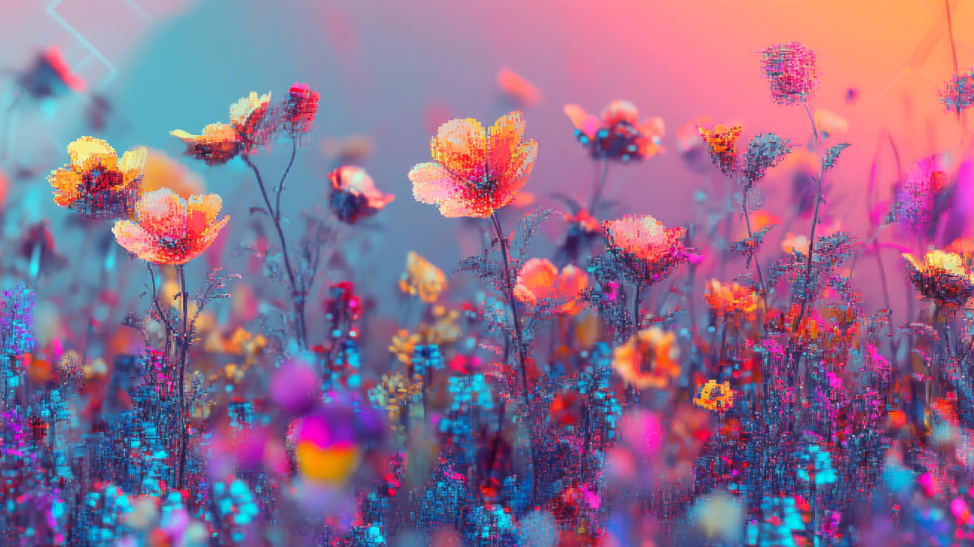 wallpaper y2k with colorful pixelated digital flowers and glitchy effects on a holographic gradient background