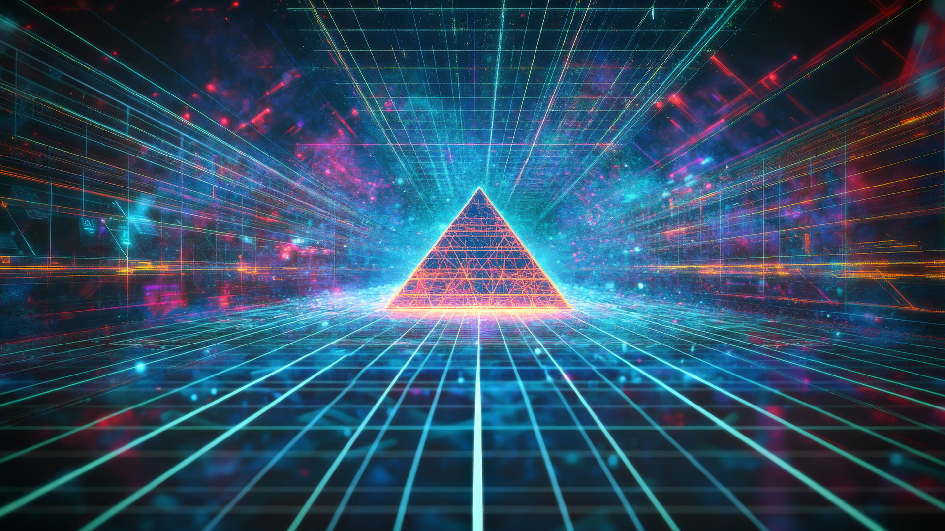 wallpaper y2k of a retro-futuristic digital grid landscape with a wireframe pyramid