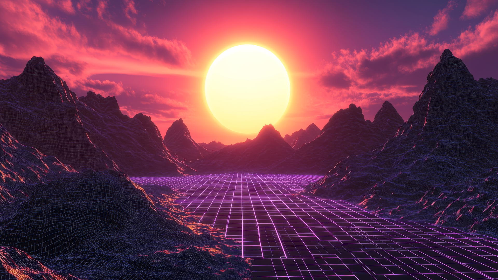 Y2K wallpaper with wireframe mountains, a glowing grid floor, and a setting sun.