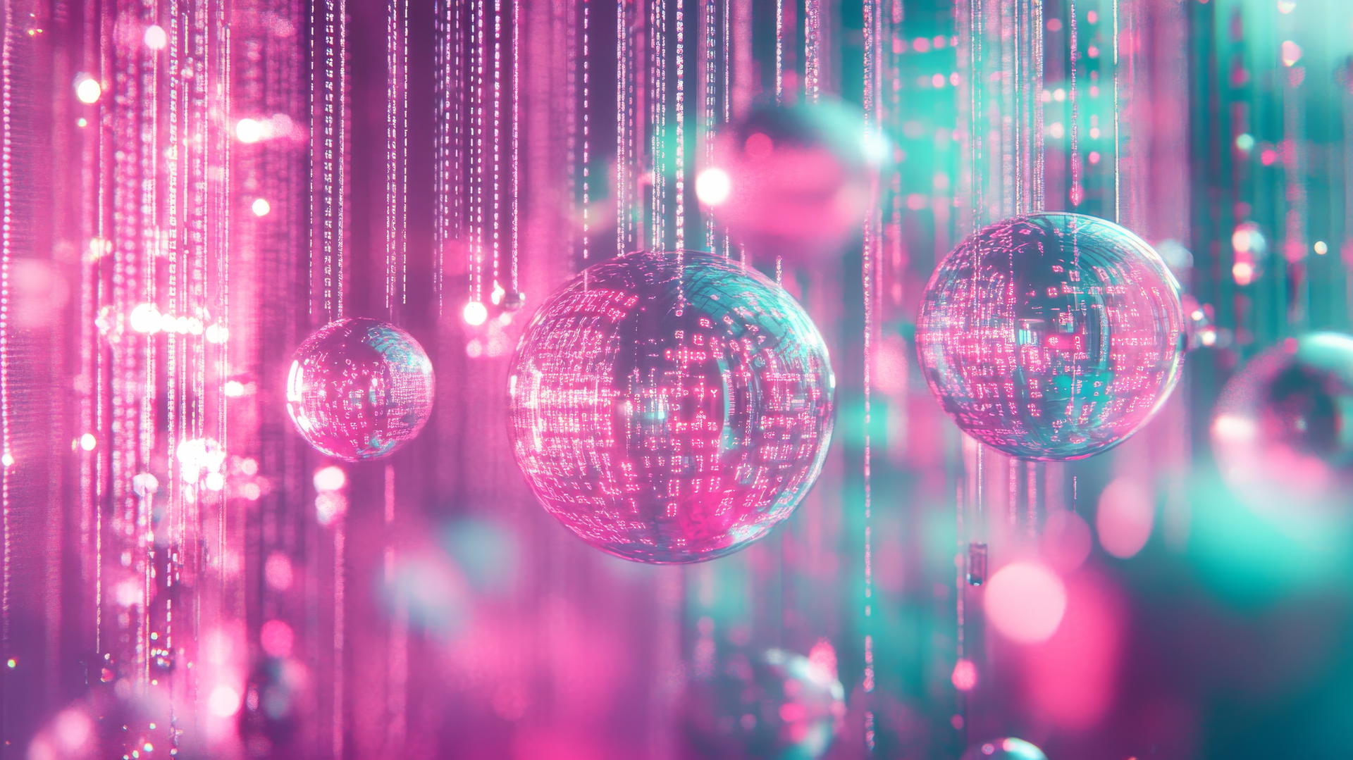 abstract Y2K wallpaper with holographic metallic grid, translucent orbs, and digital code