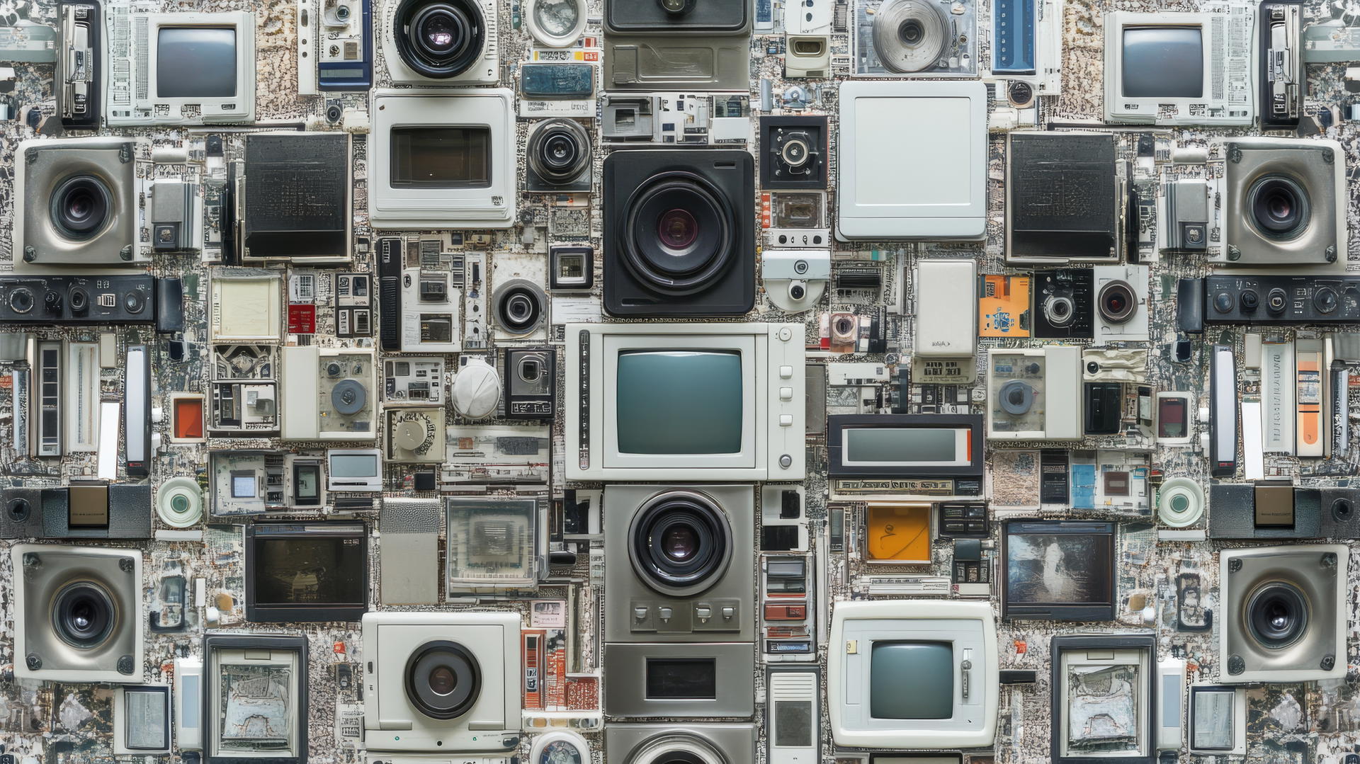 Y2K wallpaper with early 2000s tech gadgets in a symmetrical metallic collage