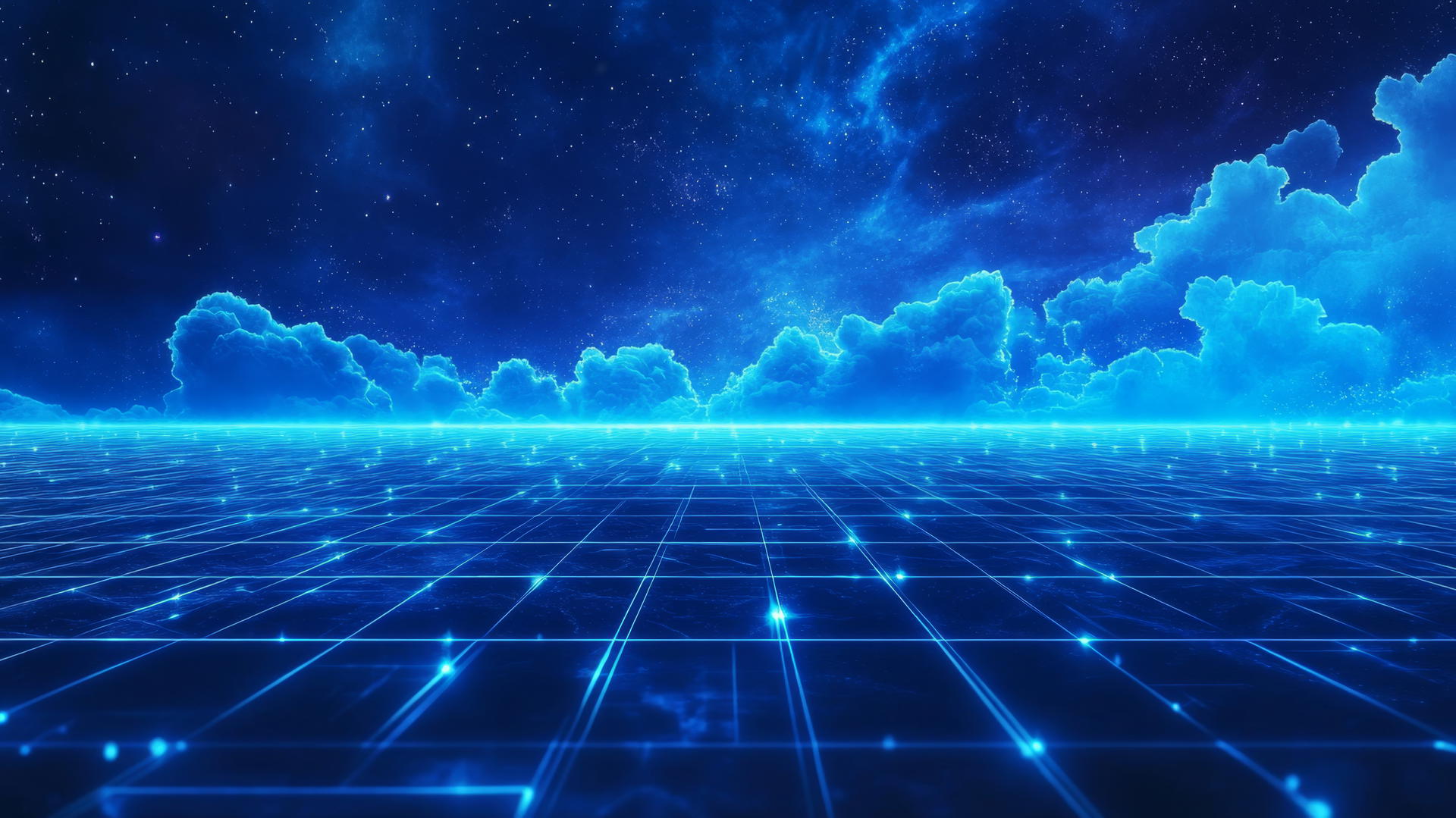 blue aesthetic wallpaper with retro wave art, blue grid, glowing horizon, and digital stars