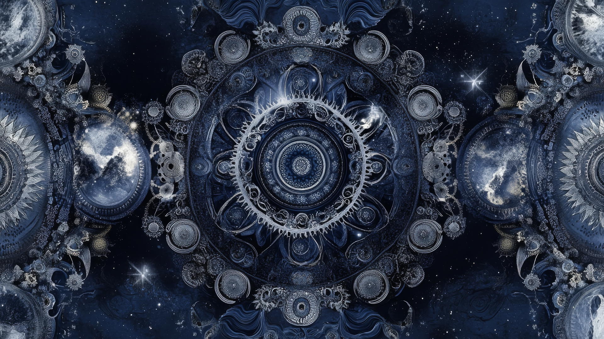 navy blue wallpaper with cosmic clockwork design, intricate gears, celestial motifs