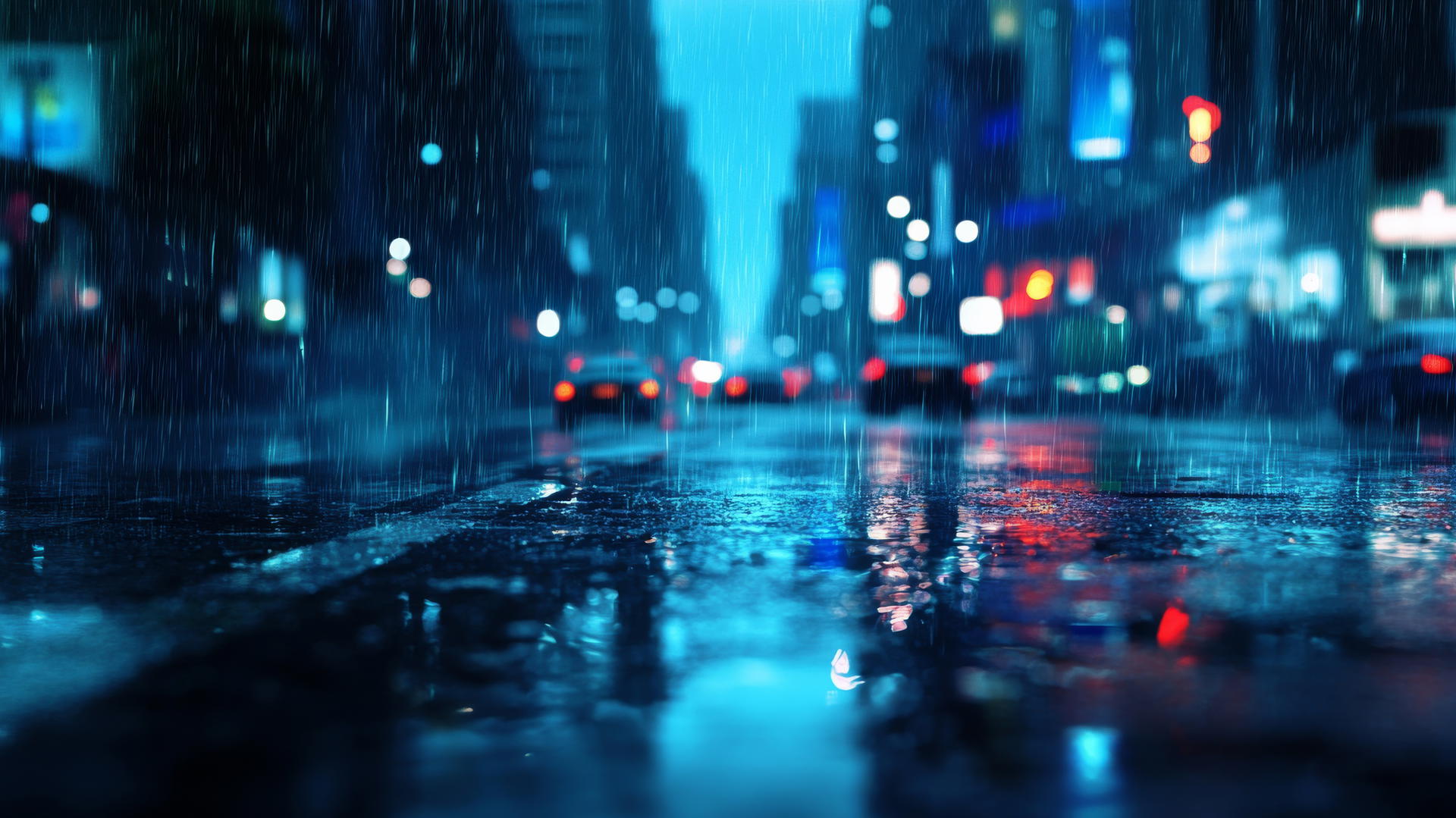 wallpaper blue of a rainy city street with lights and reflections