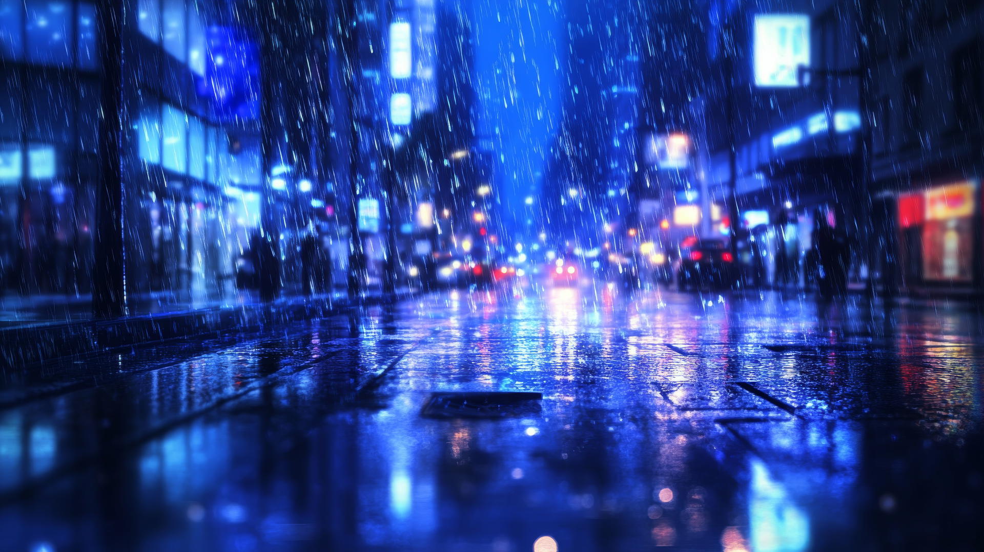 wallpaper blue rainy city street with shimmering reflections