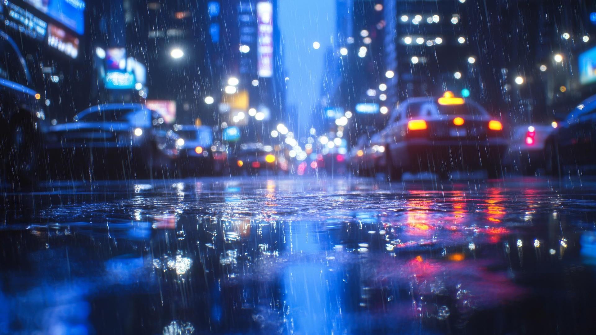 wallpaper blue showing a rainy city street with light reflections