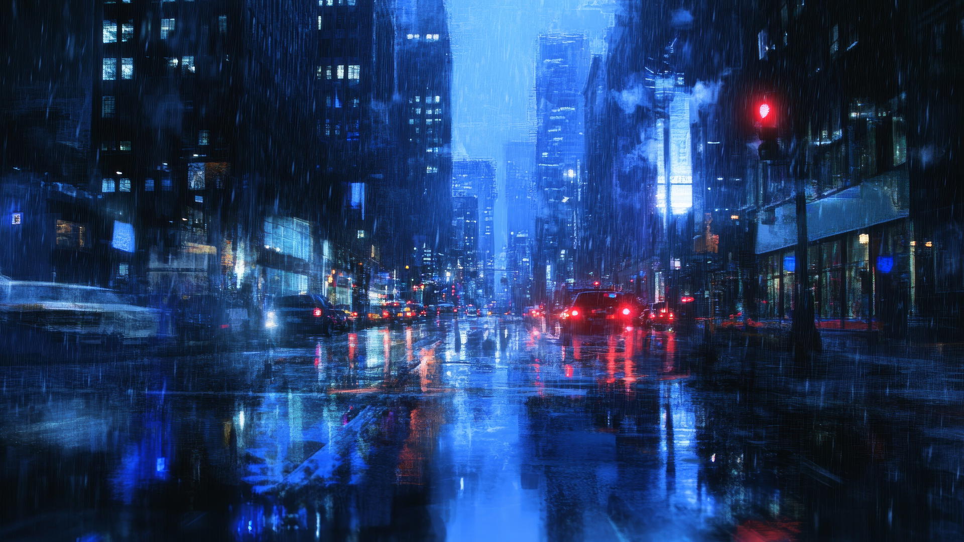 wallpaper blue, rainy city street with light reflections on wet pavement