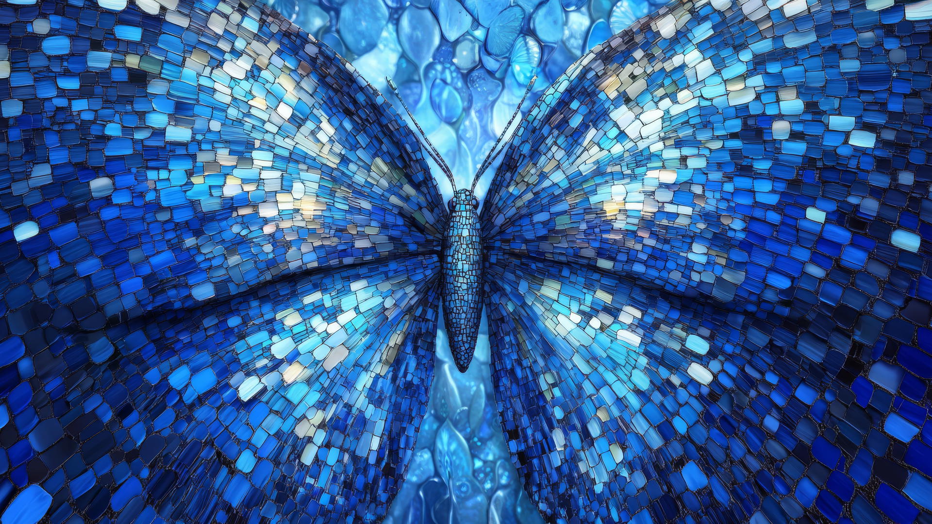 blue background wallpaper with mosaic butterfly design in shades of blue