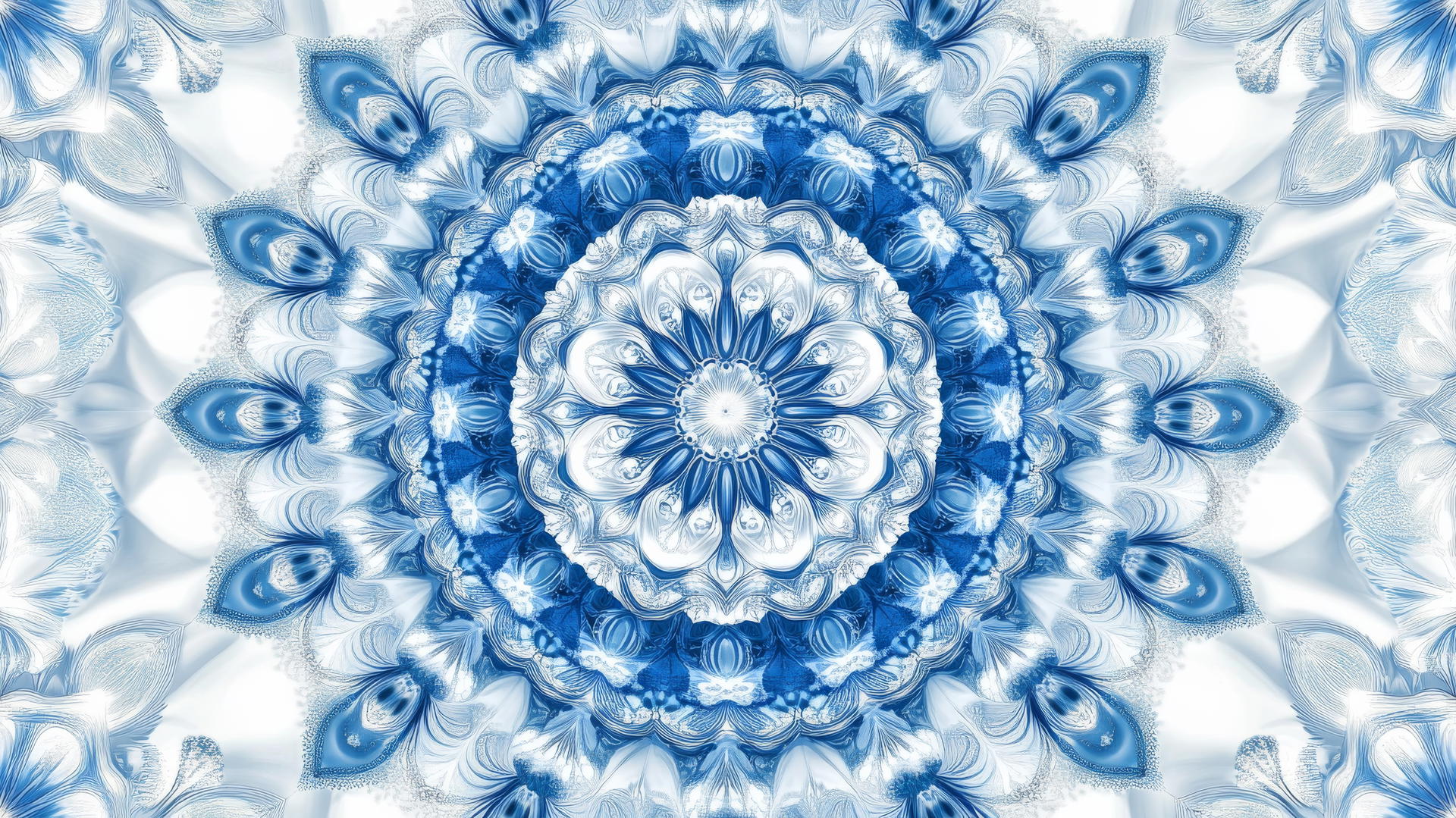 blue and white wallpaper with intricate mandala design