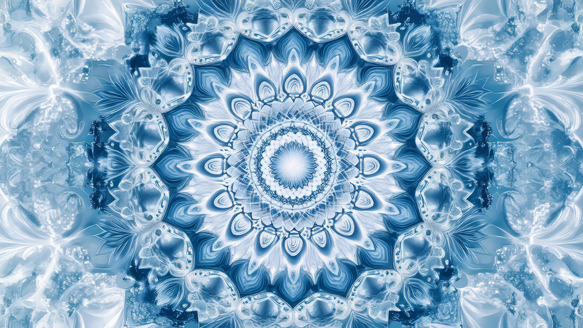 Blue and white wallpaper with intricate mandala design