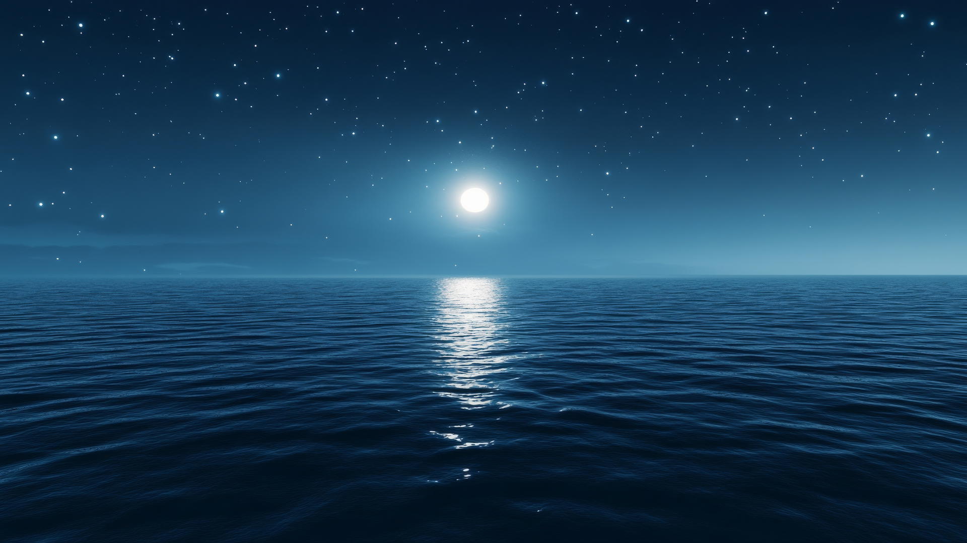 Dark blue aesthetic wallpaper featuring a starry night sky over a calm ocean with moonlight glow.