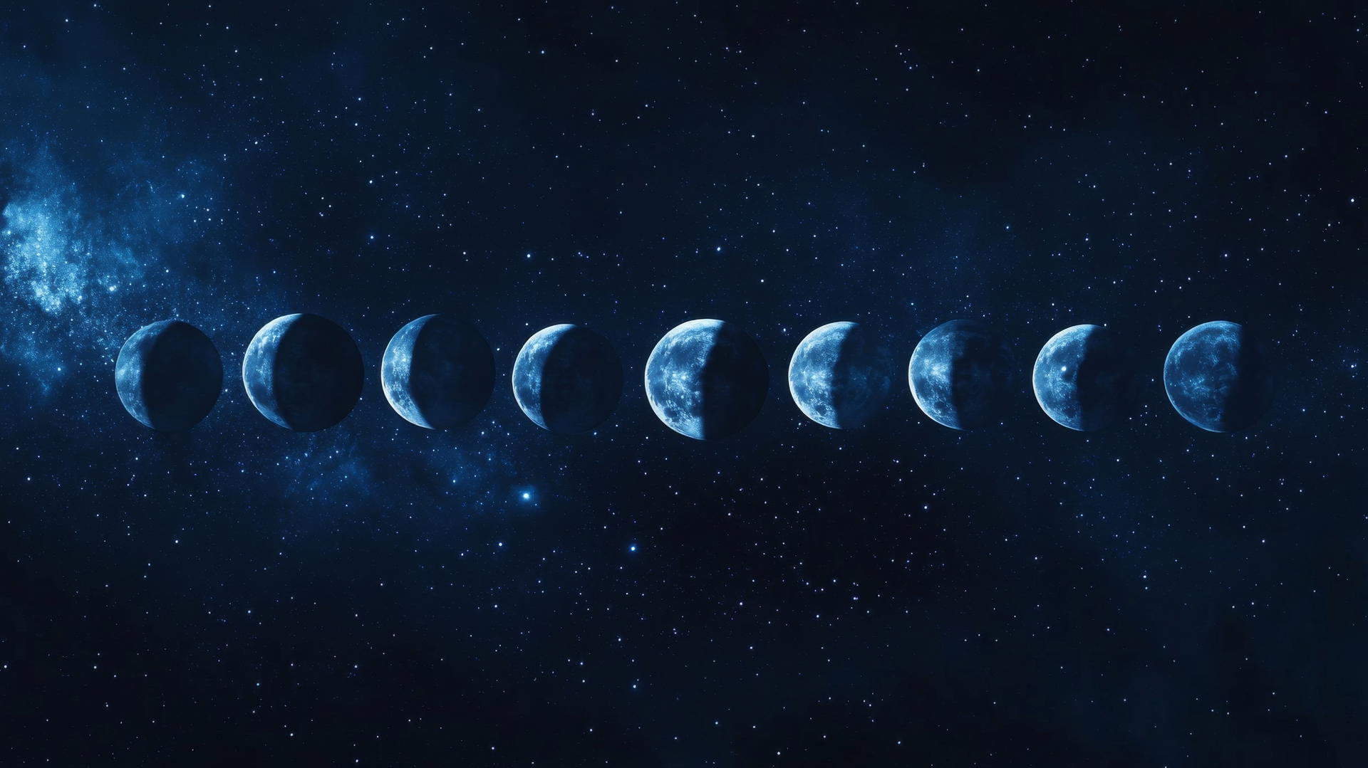 dark blue aesthetic wallpaper with phases of the moon and glowing stars