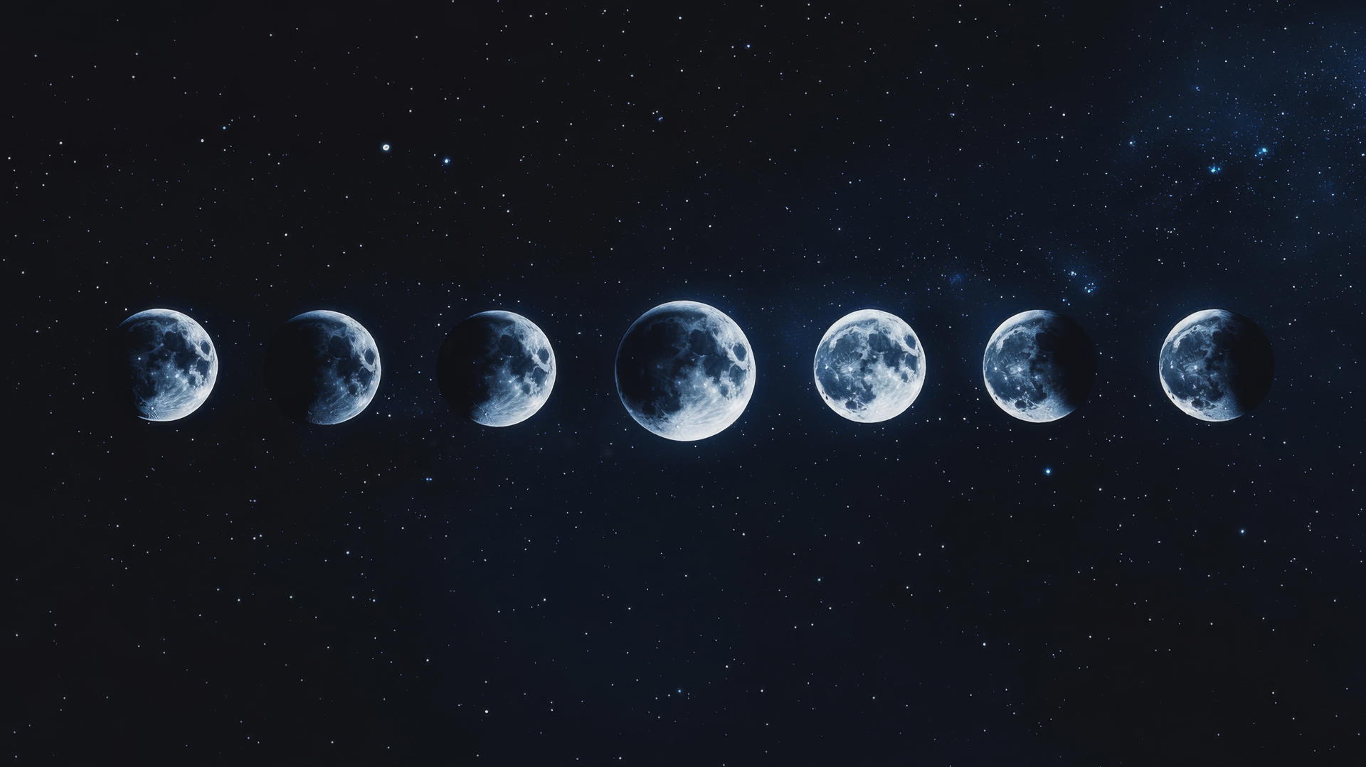 Dark blue aesthetic wallpaper with moon phases and subtle glowing stars
