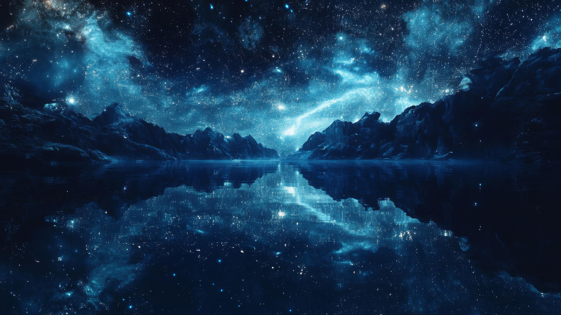 Dark blue aesthetic wallpaper with galaxy reflection in water, stars, and nebulae