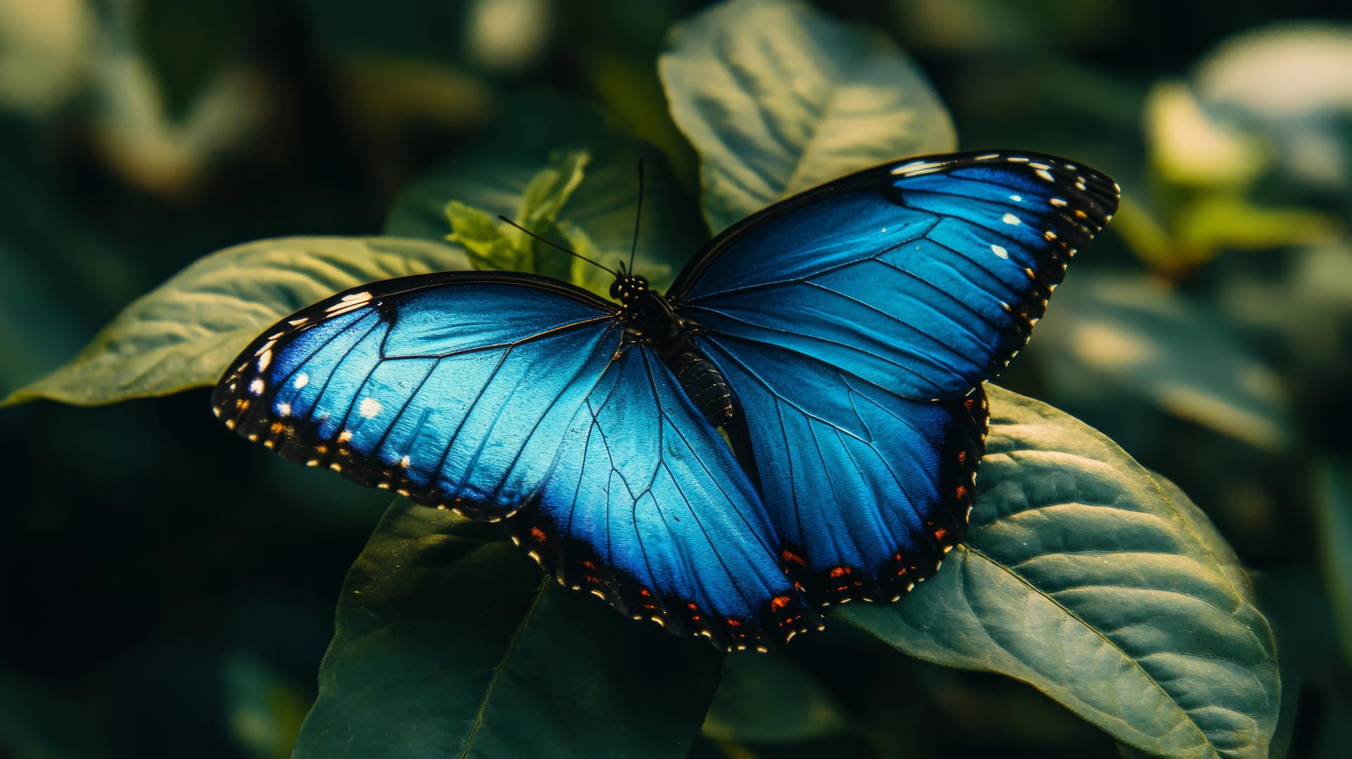 blue butterfly wallpaper with intricate wing patterns on a green leaf