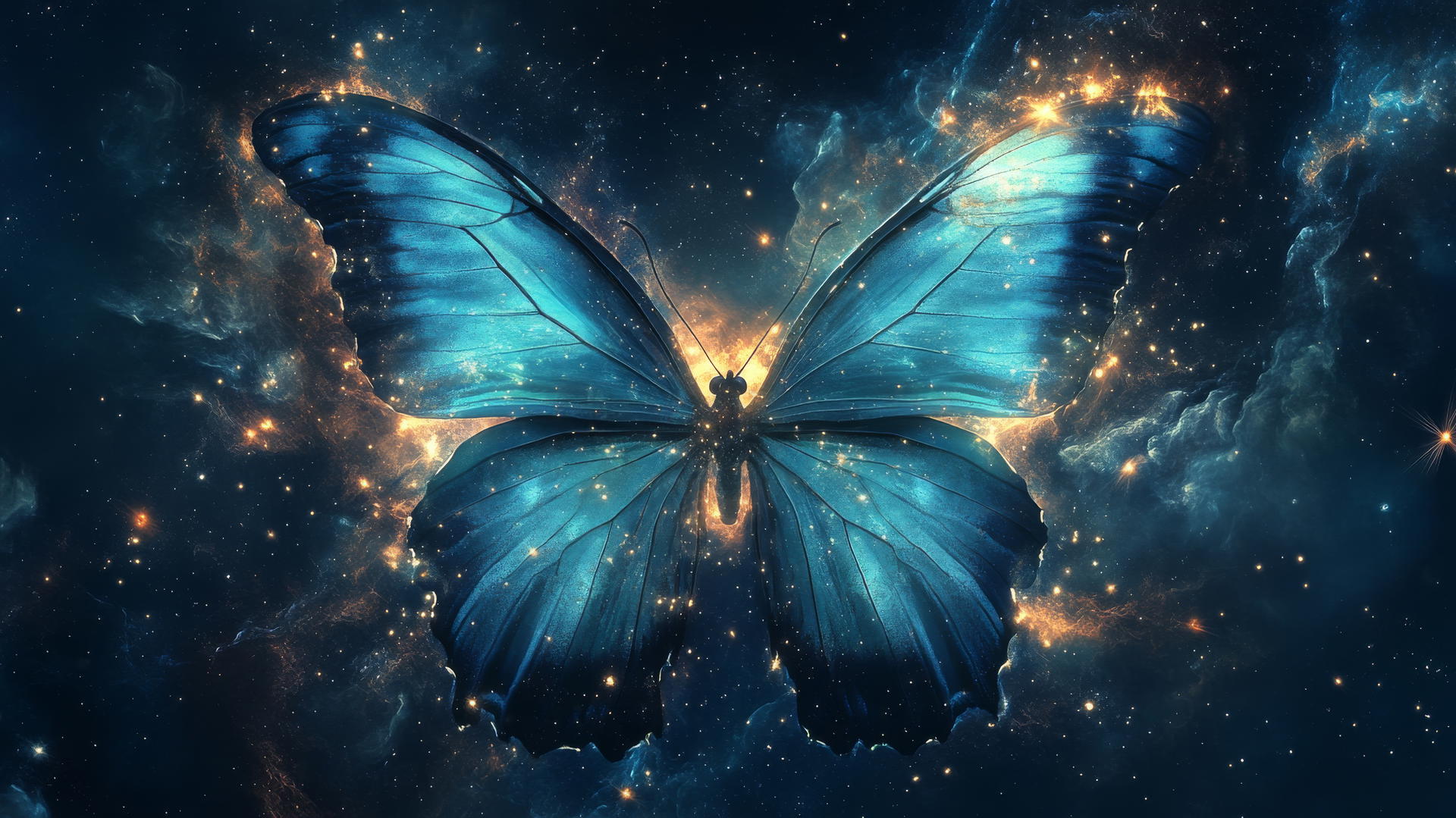 blue butterfly wallpaper with wings featuring cosmic design, stars, and nebulae