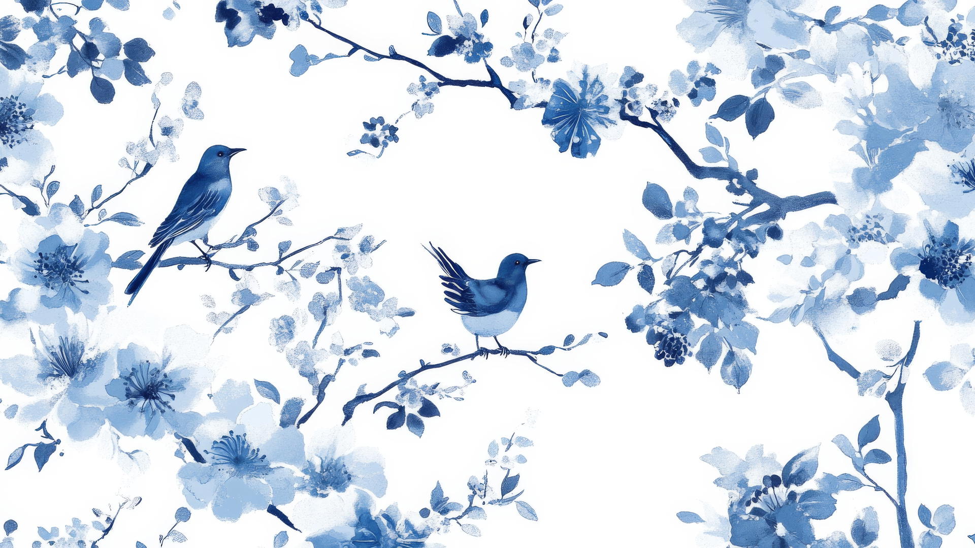 blue floral wallpaper with delicate floral designs, birds, and branches