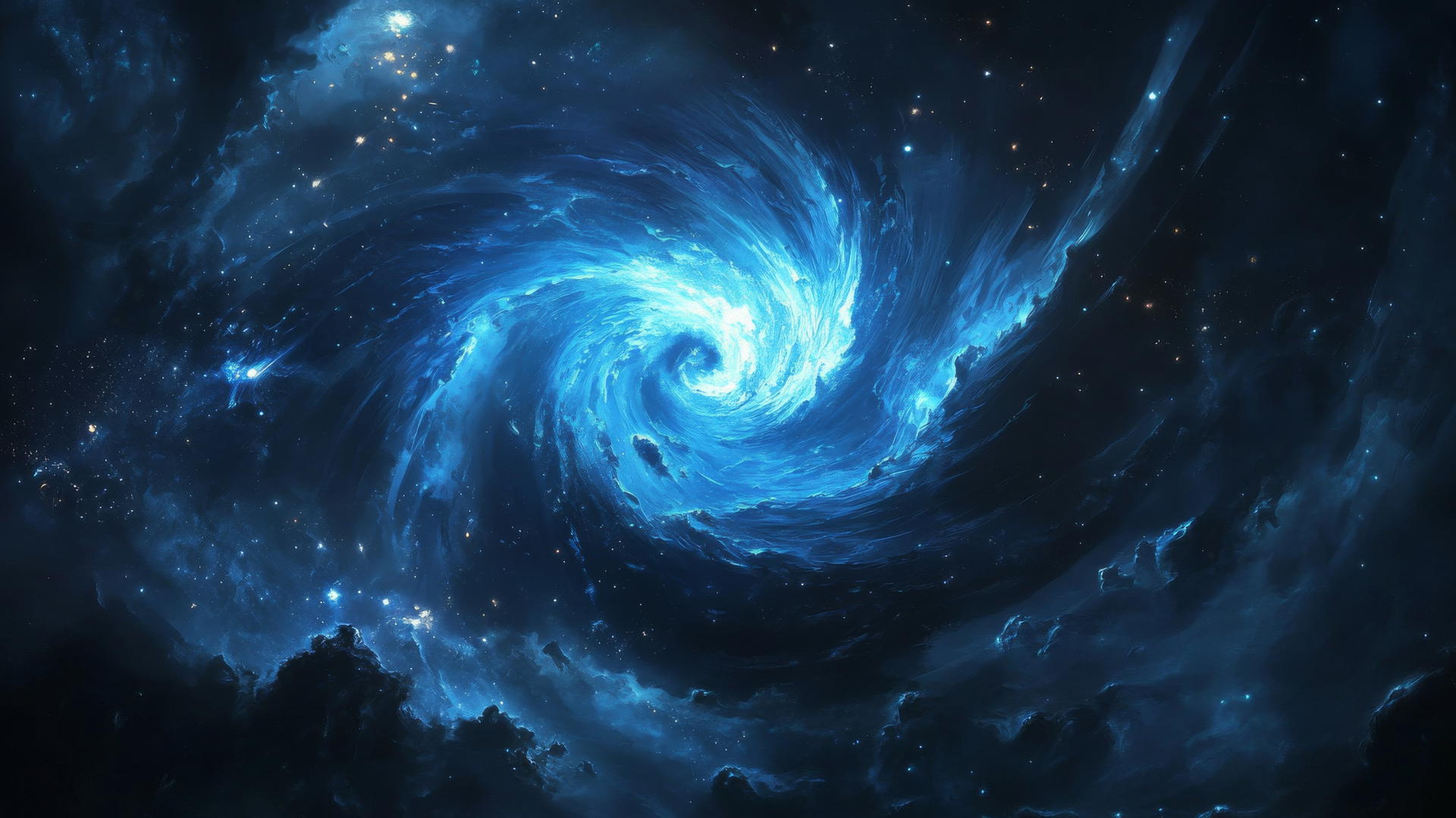 aesthetic wallpaper blue featuring a blue spiral galaxy with swirling stars and cosmic dust