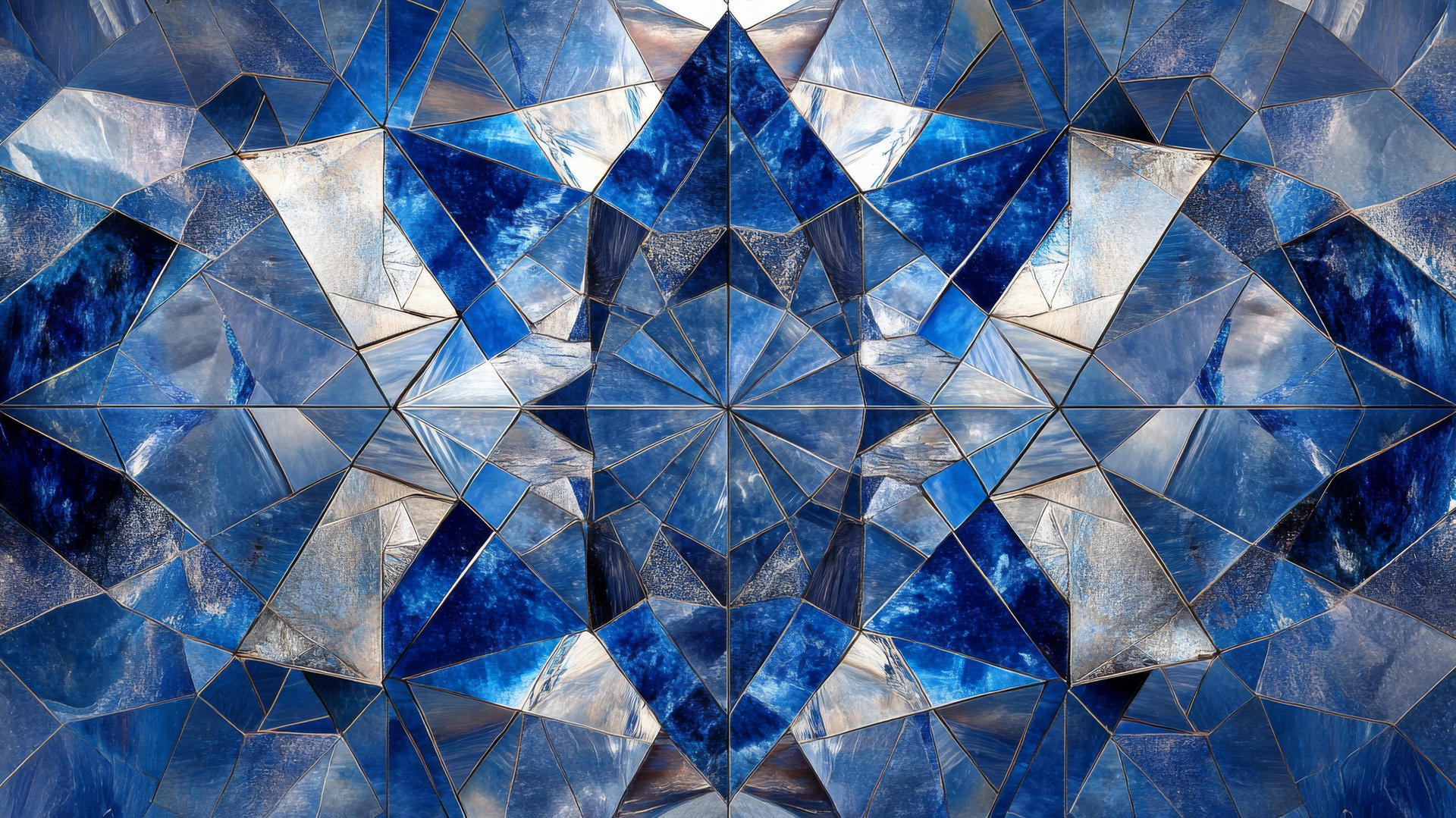 A royal blue wallpaper featuring geometric tiles with silver accents.